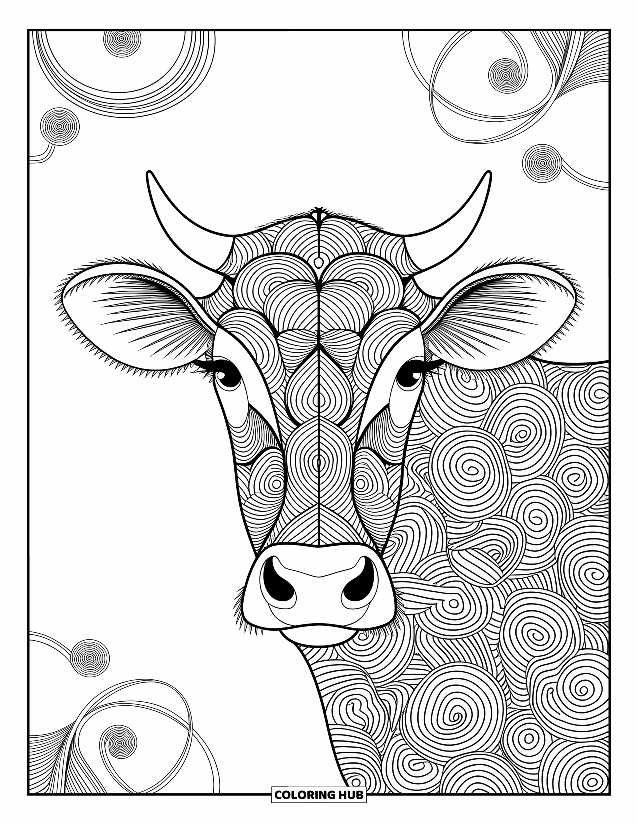 Disegno da colorare di una mucca per adulti: una mucca adornata di fiori si trova in un campo di girasoli con intricati motivi