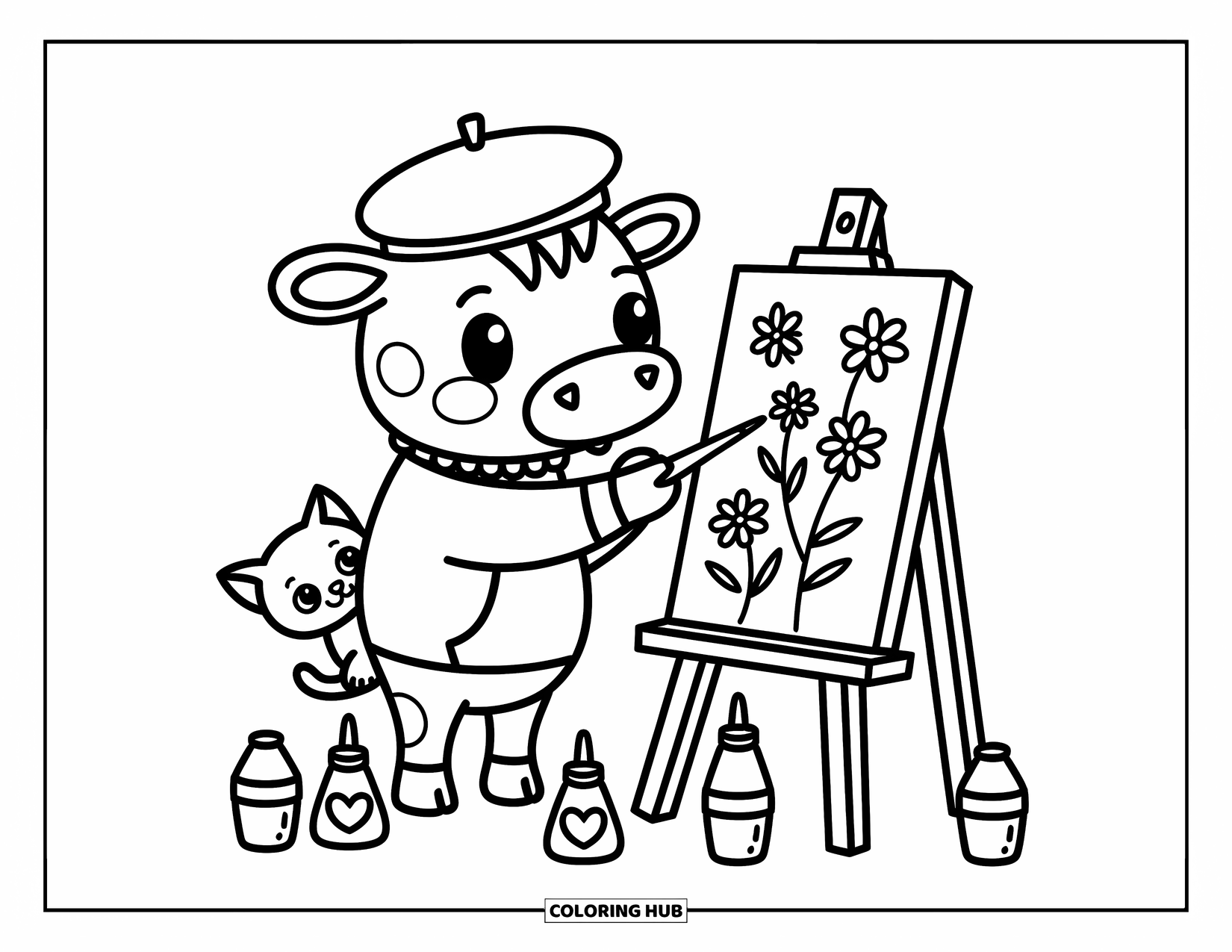 Disegno da colorare di una mucca per adulti: una mucca artista dipinge fiori con un gattino curioso vicino al cavalletto