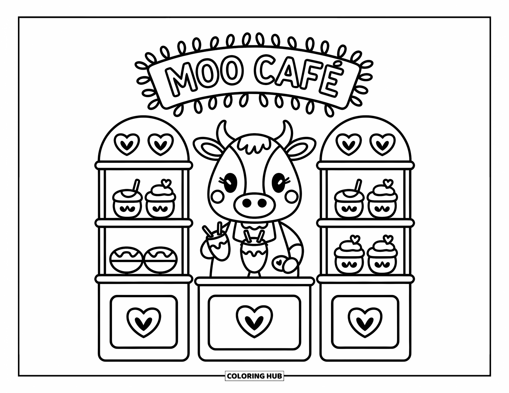 Disegno da colorare di una mucca per adulti: una mucca barista al "Moo CafÈ" serve frappè con pasticcini