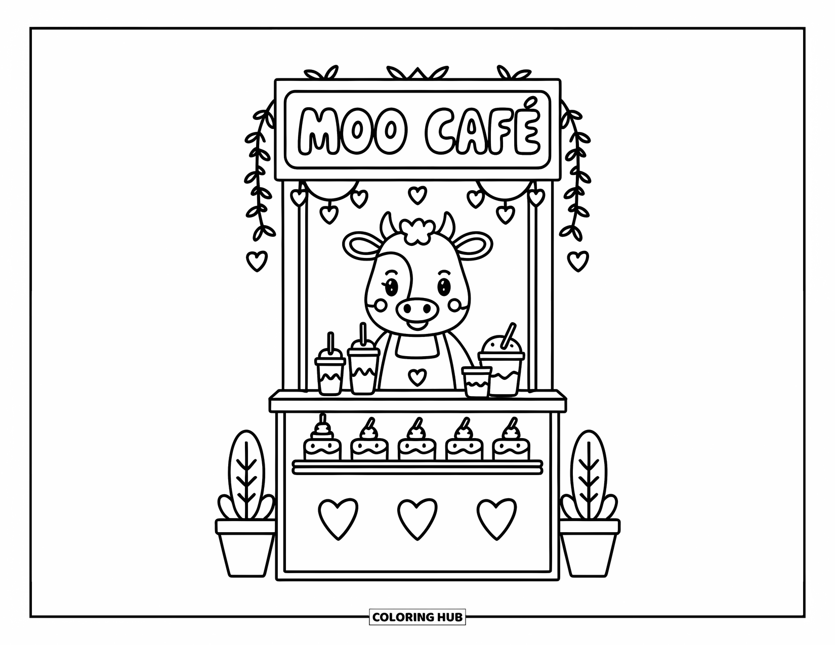 Disegno da colorare di una mucca per adulti: una mucca barista serve frappè in una bancarella accogliente con pasticcini