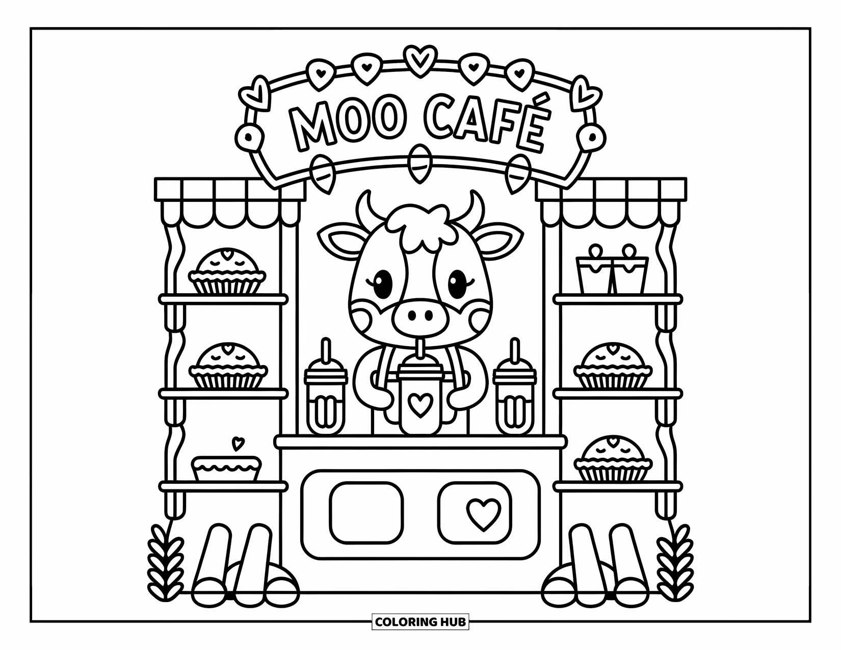 Disegno da colorare di una mucca per adulti: una mucca barista serve frappè in una piccola bancarella con un cartello "Moo CafÈ"