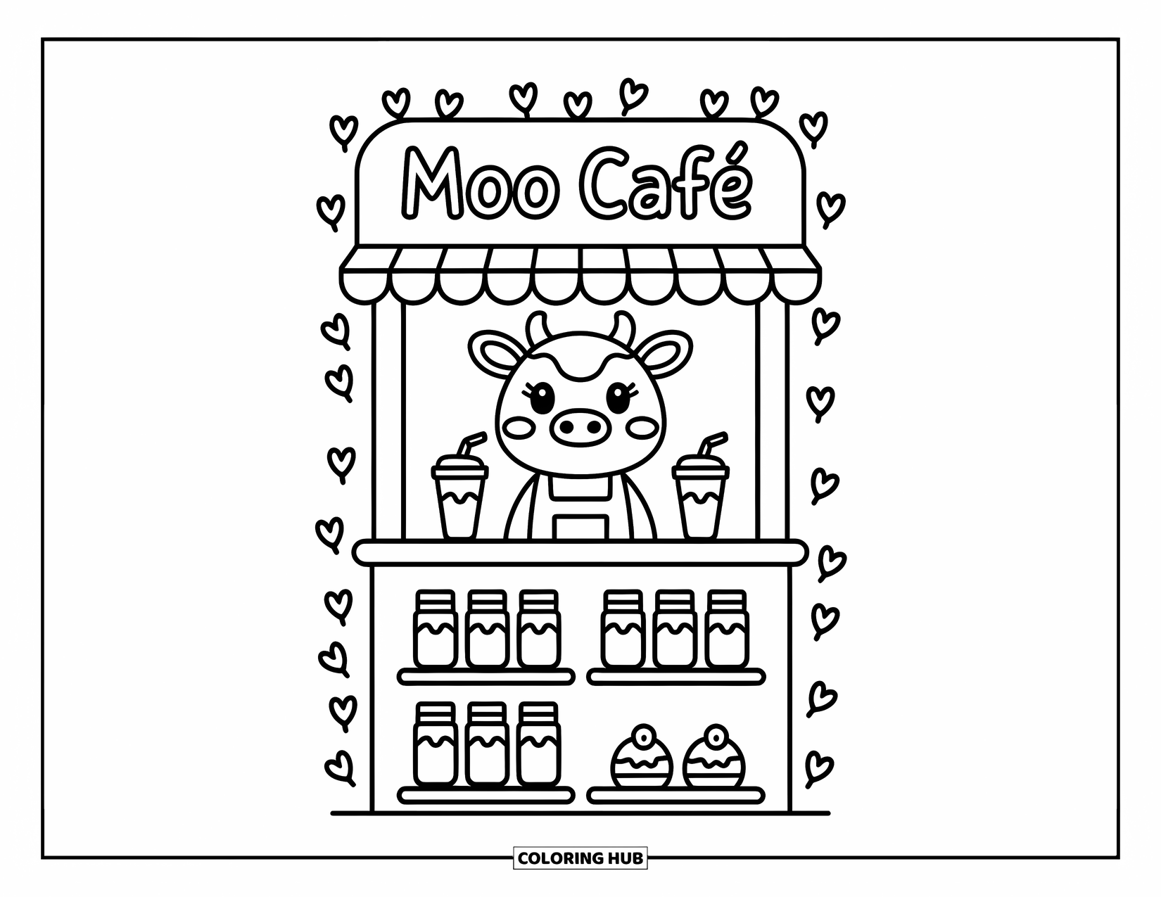 Disegno da colorare di una mucca per adulti: una mucca barista sorride a una bancarella con frappè e pasticcini