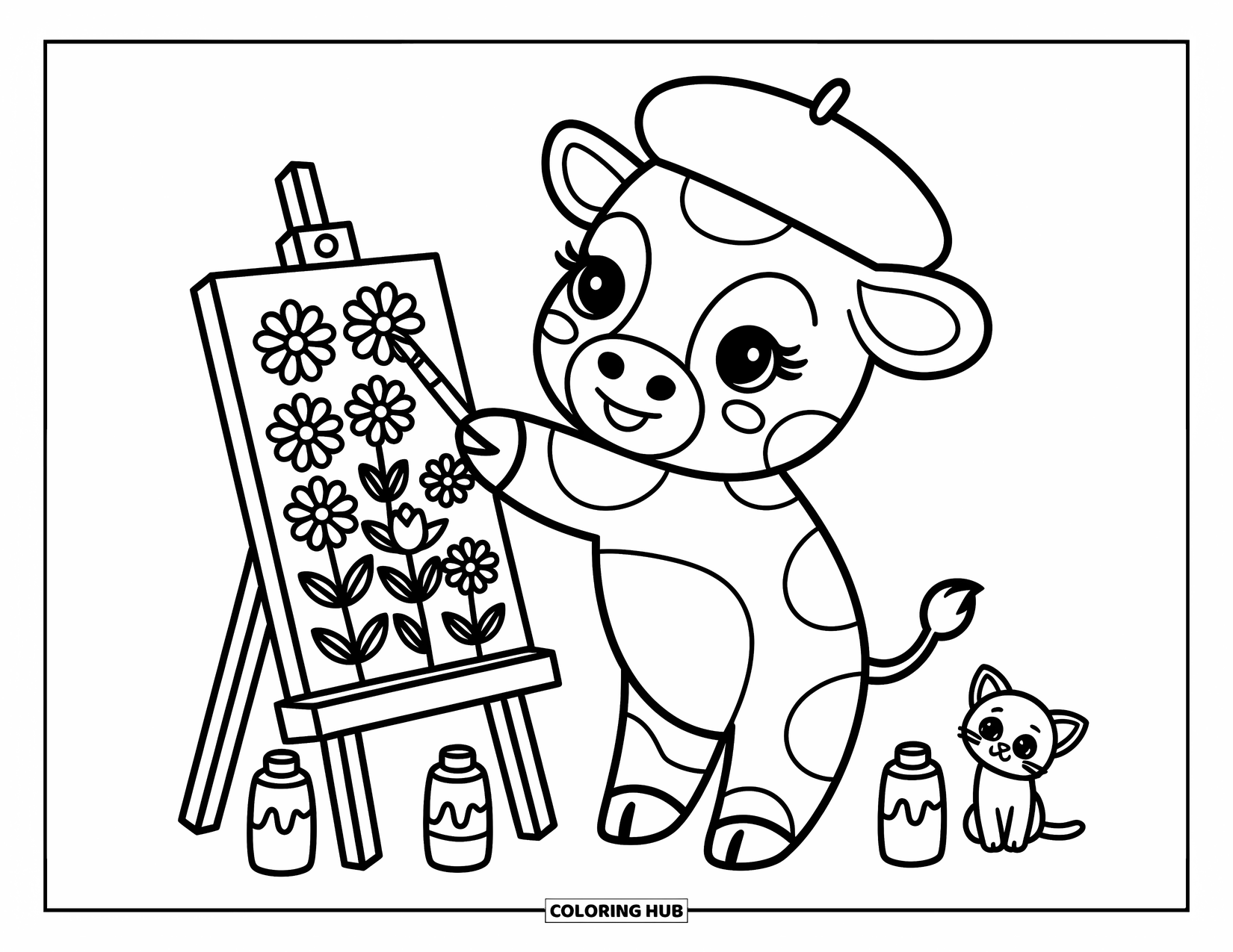 Disegno da colorare di una mucca per adulti: una mucca con un berretto dipinge fiori accanto a bottiglie di vernice giocose