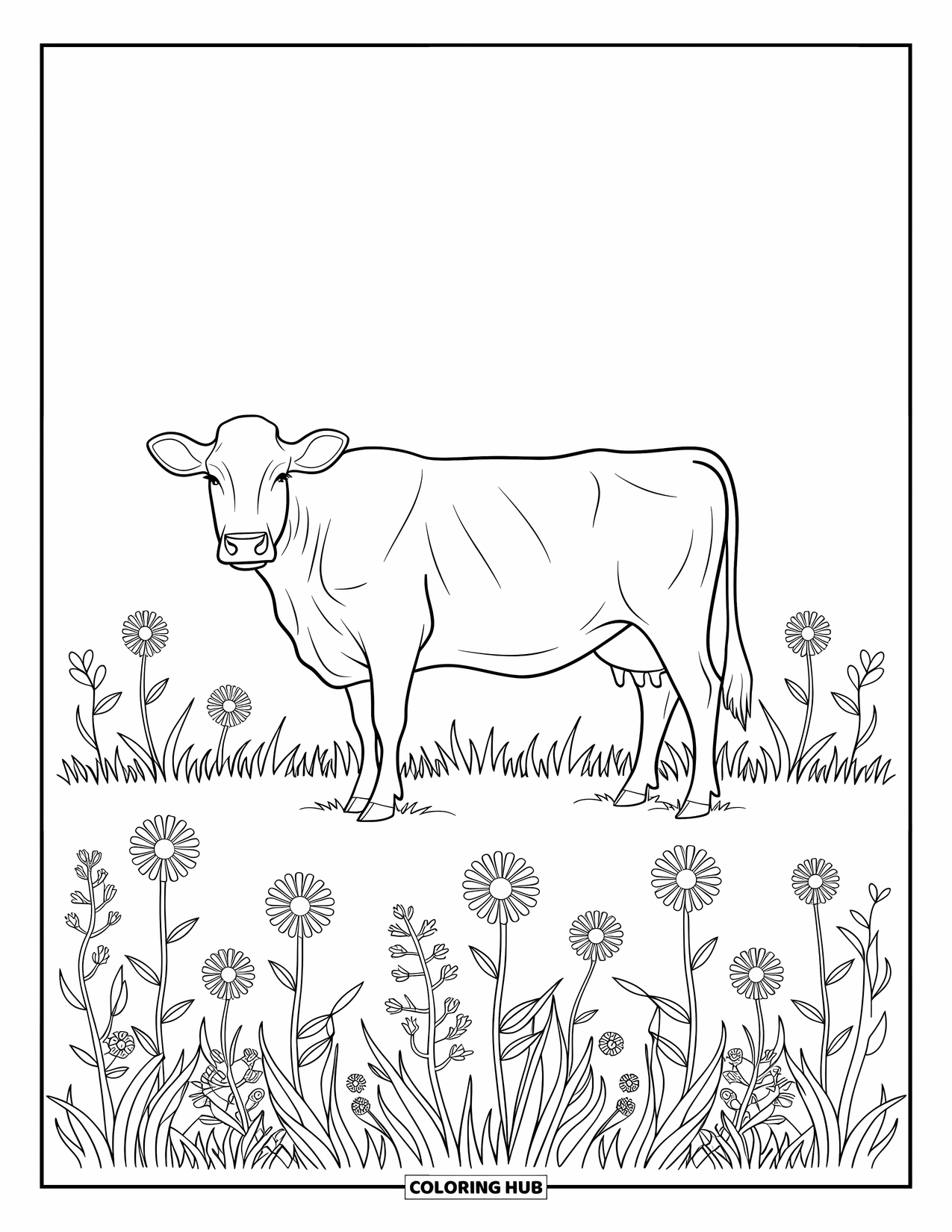 Disegno da colorare di una mucca per adulti: una mucca in un prato è circondata da intricati fiori selvatici e motivi di erba