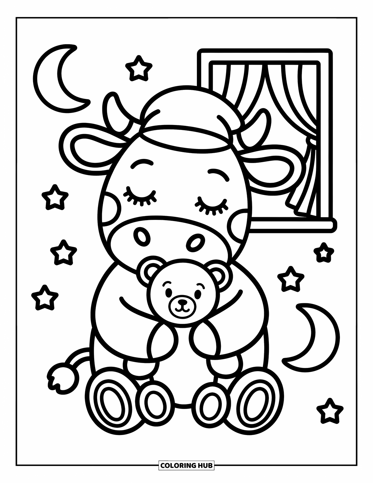 Disegno da colorare di una mucca per adulti: una mucca con una cuffia da notte abbraccia un orsacchiotto vicino a una finestra aperta