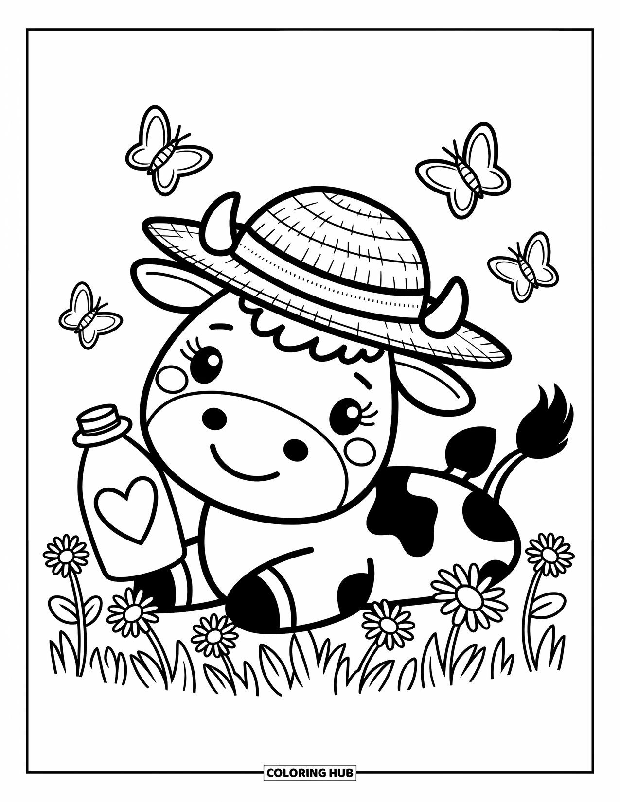 Disegno da colorare di una mucca per adulti: una mucca con un cappello di paglia giace in un prato con una bottiglia di latte e margherite