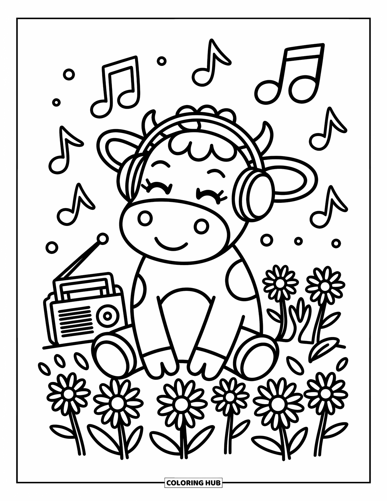 Disegno da colorare di una mucca per adulti: una mucca con le cuffie si gode la musica in un campo di margherite