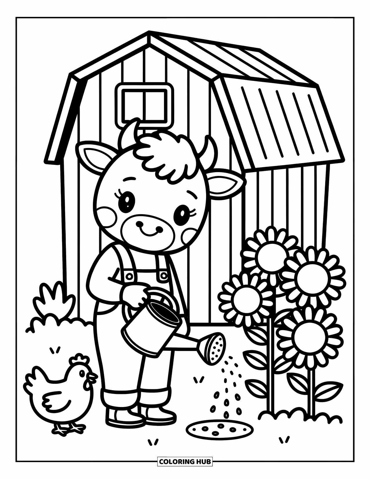 Disegno da colorare di una mucca per adulti: una mucca in salopette annaffia i girasoli con un pollo nelle vicinanze