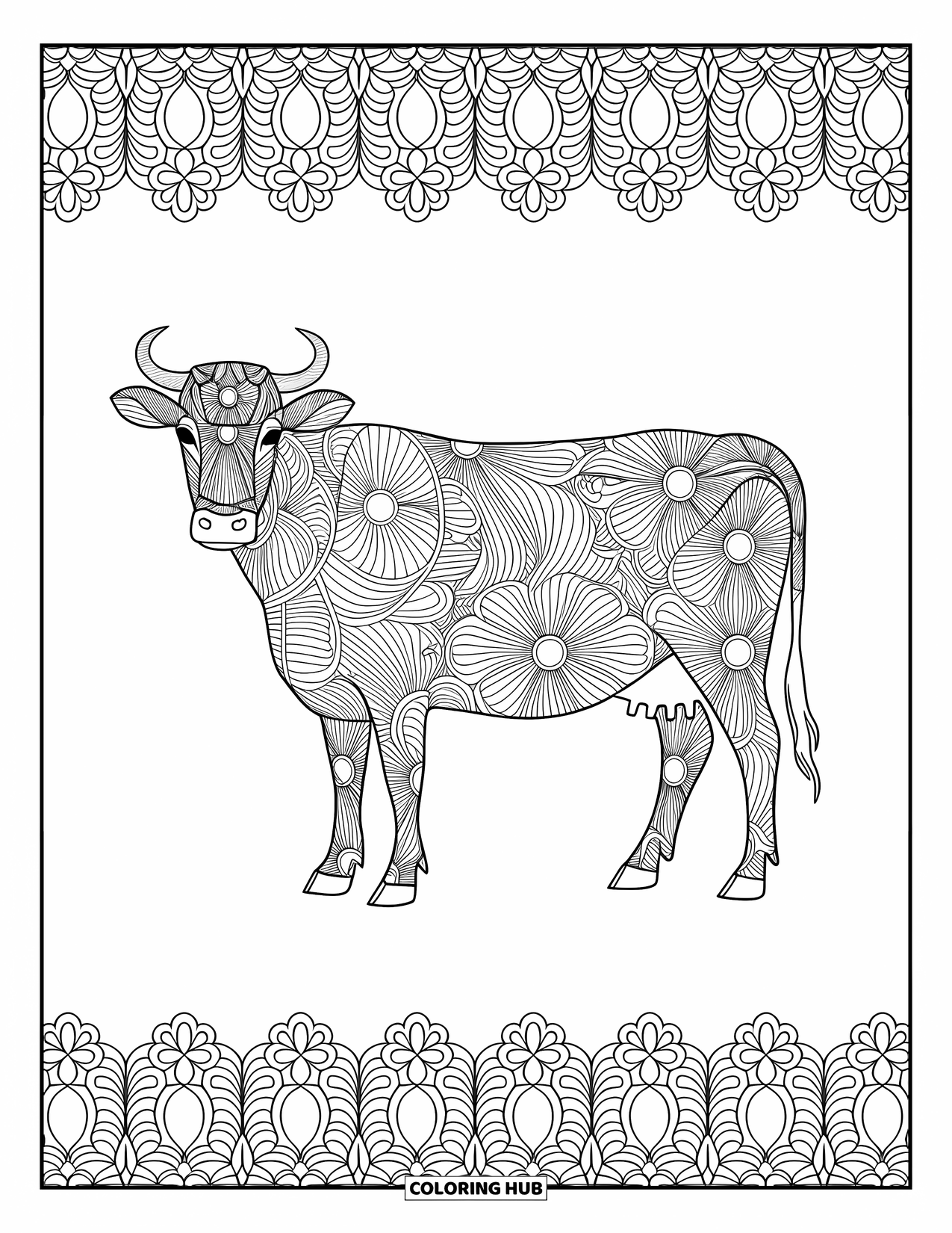 Disegno da colorare di una mucca per adulti: un mandala di mucca presenta intricati motivi floreali e geometrici in un design dettagliato