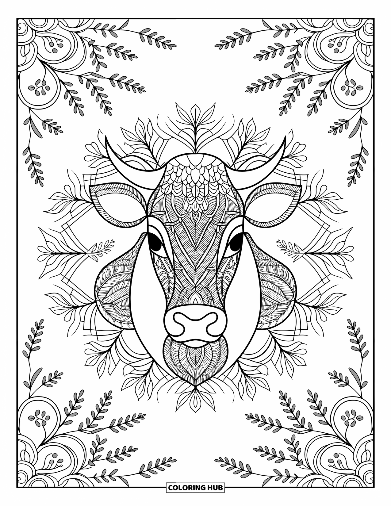 Disegno da colorare di una mucca per adulti: un mandala di mucca con motivi floreali è circondato da delicati viticci e foglie