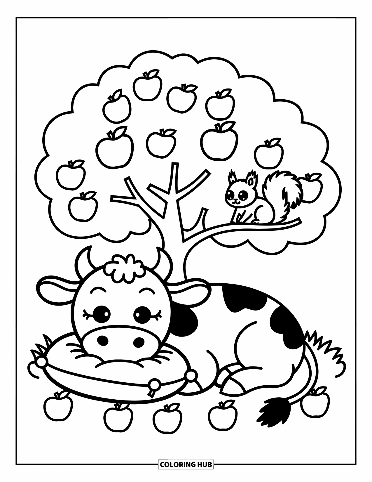 Disegno da colorare di una mucca per adulti: una mucca fa un pisolino su un cuscino sotto un melo con uno scoiattolo nelle vicinanze