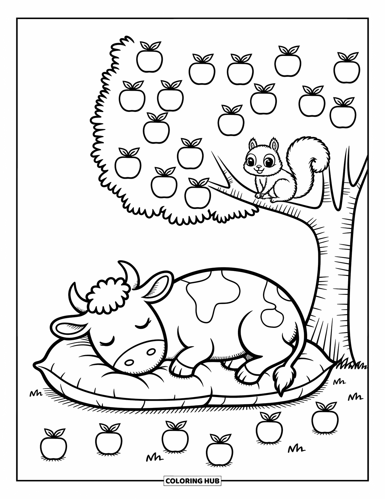 Disegno da colorare di una mucca per adulti: una mucca fa un pisolino sotto un melo con mele sparse e uno scoiattolo