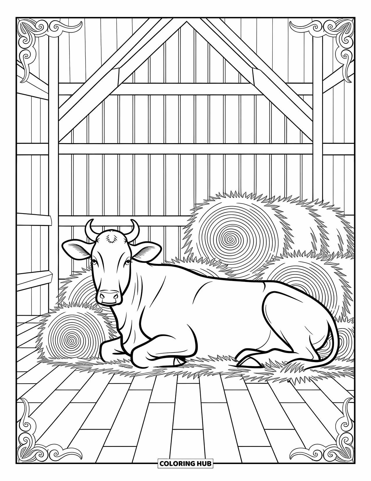 Disegno da colorare di una mucca per adulti: una mucca riposa pacificamente in un fienile circondata da balle di fieno e travi di legno