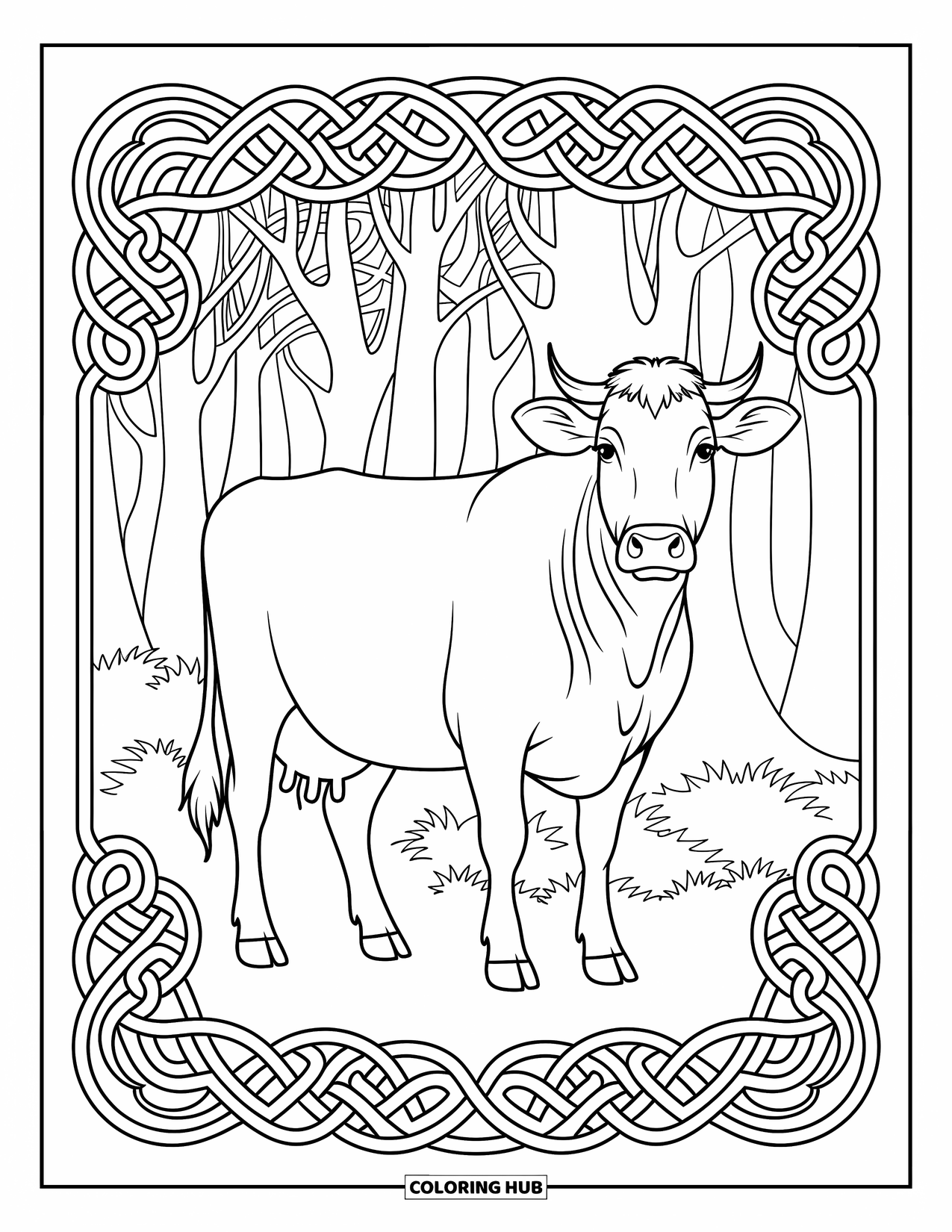 Disegno da colorare di una mucca per adulti: una mucca si trova tra motivi a nodo celtico e rigogliosi elementi della foresta
