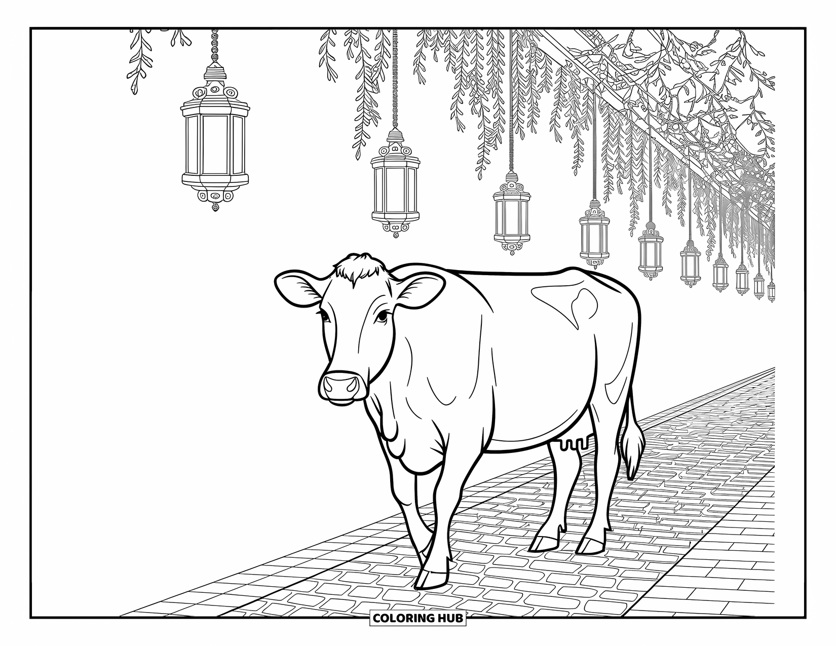 Disegno da colorare di una mucca per adulti: una mucca si trova vicino a un vecchio fienile con dettagliate texture di legno e fieno