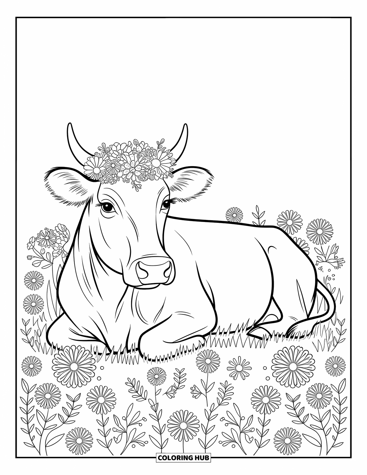 Disegno da colorare di una mucca per adulti: una mucca si erge con grazia sotto un albero con foglie intricate