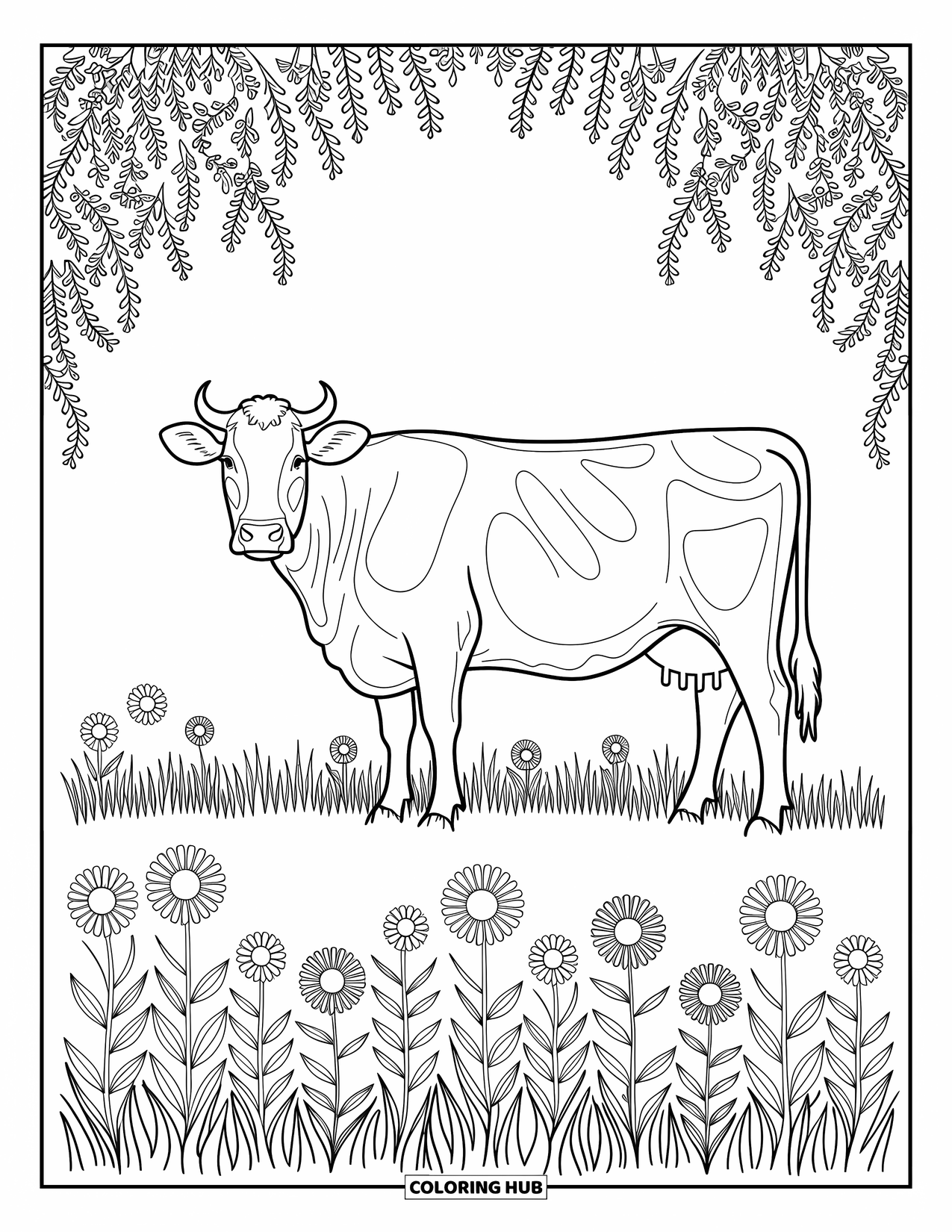 Disegno da colorare di una mucca per adulti: una mucca si erge con grazia in un prato pieno di fiori selvatici e design dettagliati