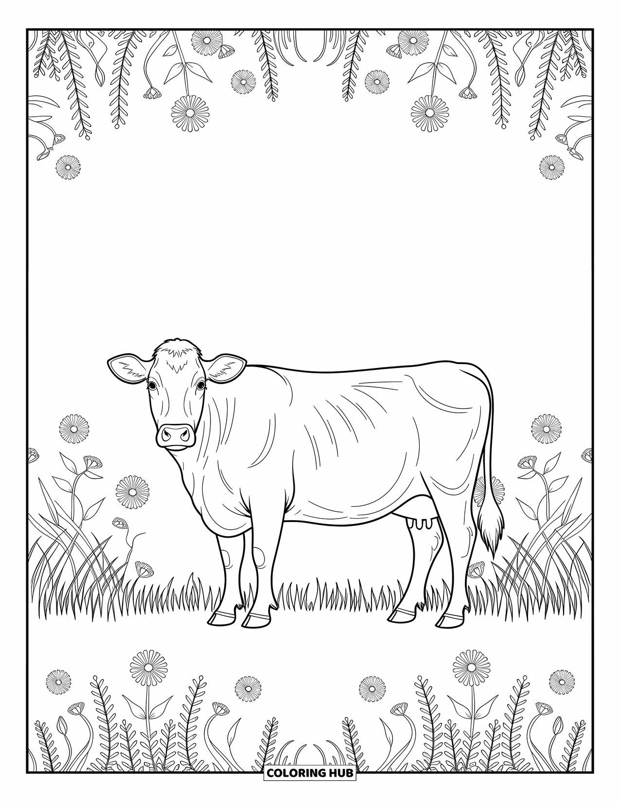 Disegno da colorare di una mucca per adulti: una mucca si erge con grazia in un prato pieno di fiori selvatici ed erba