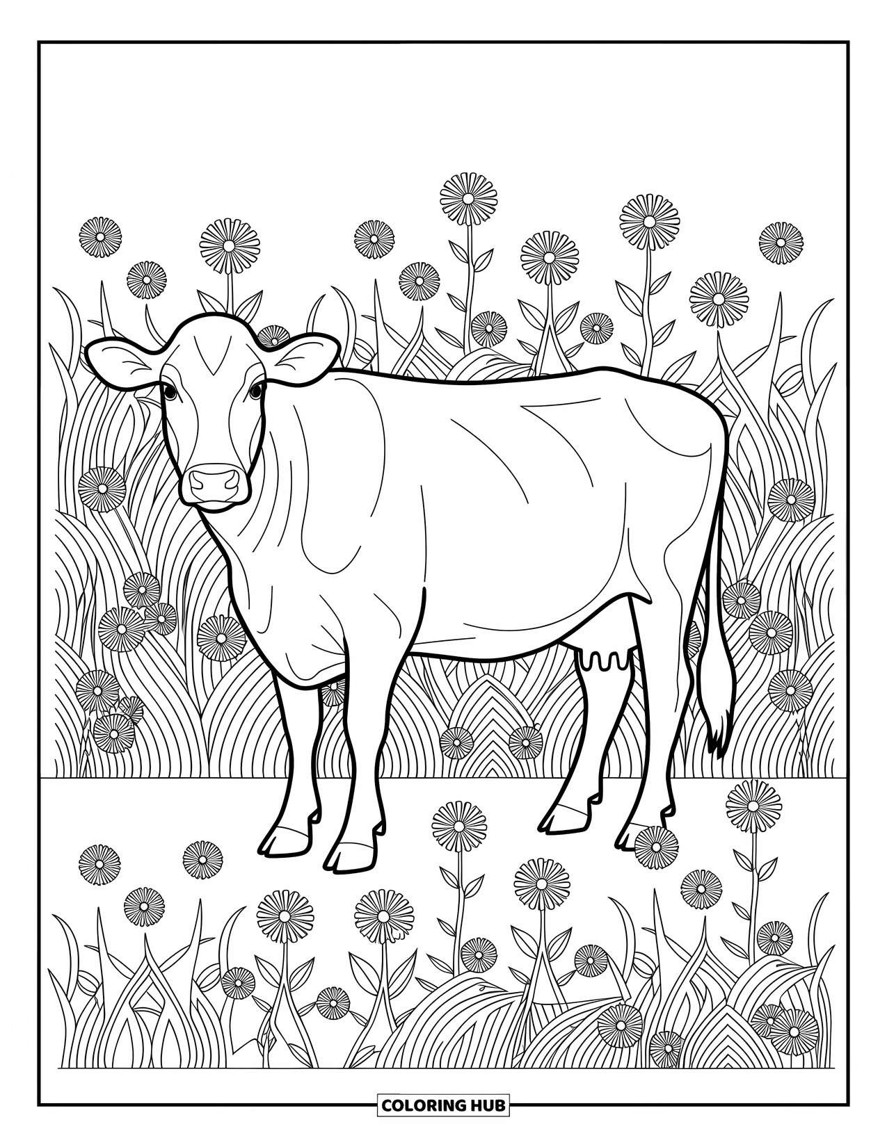 Disegno da colorare di una mucca per adulti: una mucca si trova in un prato adornato con intricati fiori selvatici ed erba