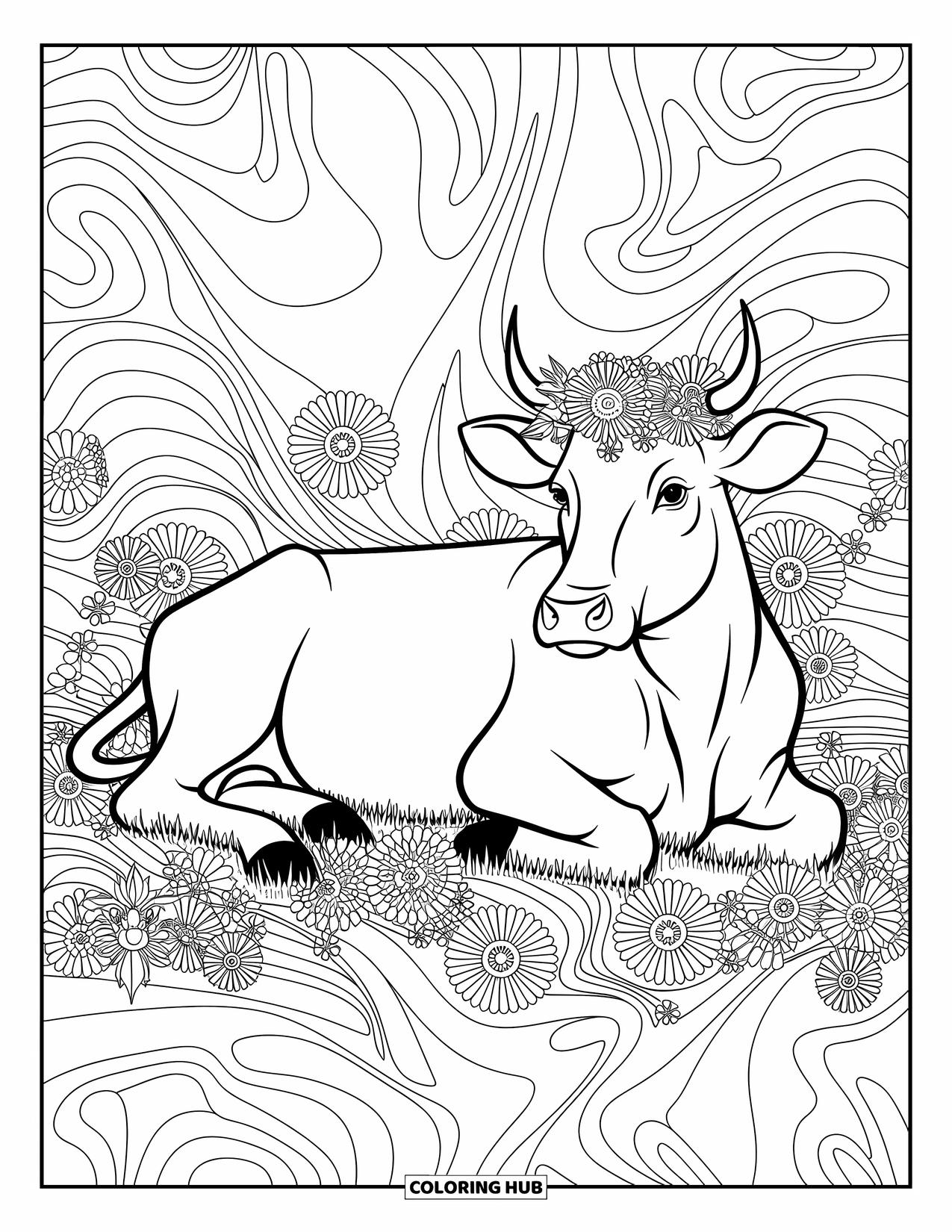 Disegno da colorare di una mucca per adulti: una mucca si trova sotto un albero con corteccia e foglie dettagliate