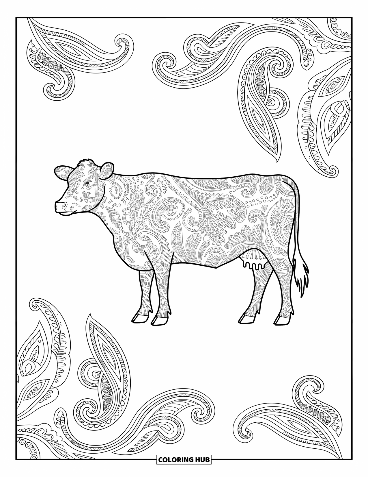 Disegno da colorare di una mucca per adulti: una mucca passeggia lungo un sentiero acciottolato con lanterne e viti rampicanti