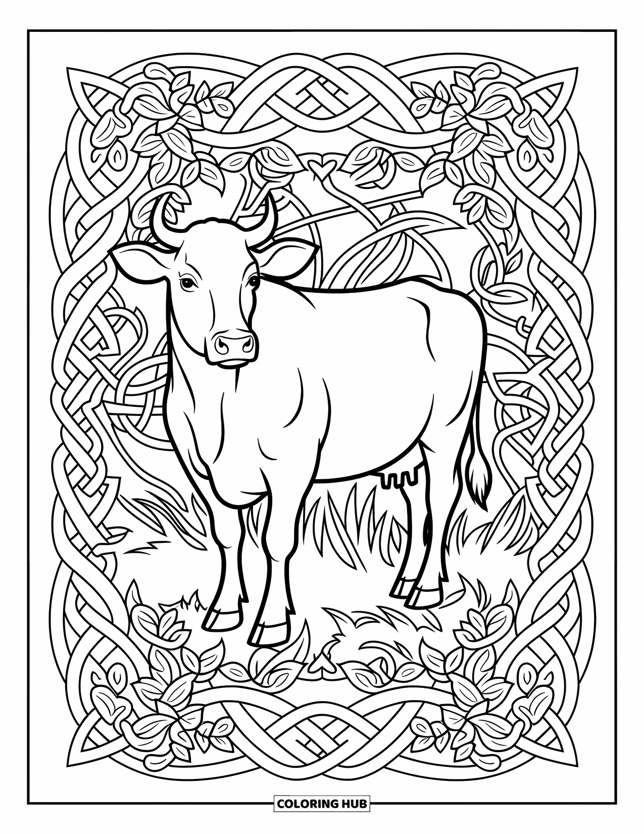 Disegno da colorare di una mucca per adulti: una mucca circondata da motivi a nodo celtico si erge con grazia in una foresta