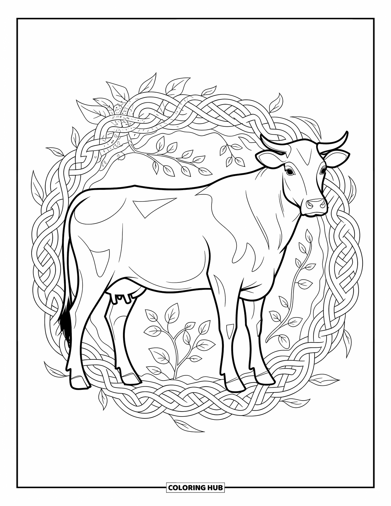 Disegno da colorare di una mucca per adulti: una mucca circondata da intricati nodi celtici si erge tra elementi della foresta