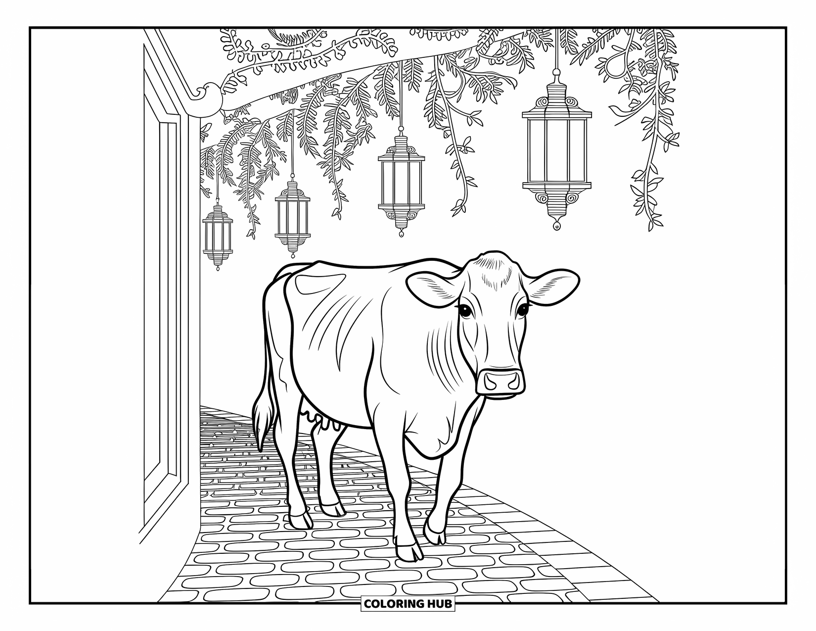 Disegno da colorare di una mucca per adulti: una mucca cammina lungo un sentiero acciottolato con lanterne e viti sospese