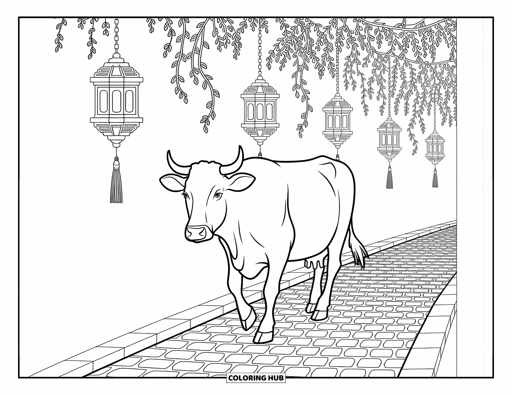Disegno da colorare di una mucca per adulti: una mucca cammina con grazia lungo un sentiero acciottolato con lanterne e viti