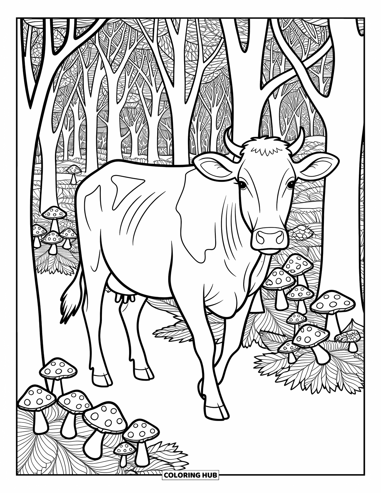 Disegno da colorare di una mucca per adulti: una mucca cammina con grazia attraverso una foresta piena di funghi ed edera