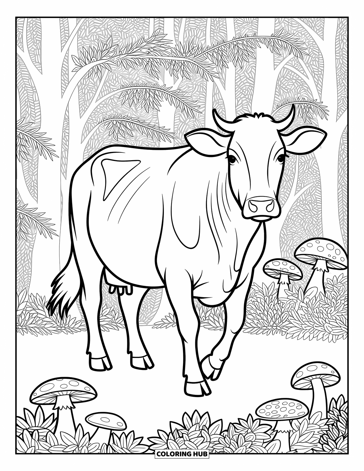 Disegno da colorare di una mucca per adulti: una mucca cammina con grazia attraverso una foresta circondata da funghi ed edera