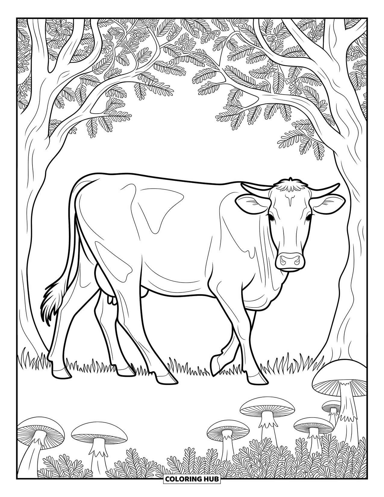 Disegno da colorare di una mucca per adulti: una mucca cammina attraverso una foresta dettagliata con funghi ed edera intorno