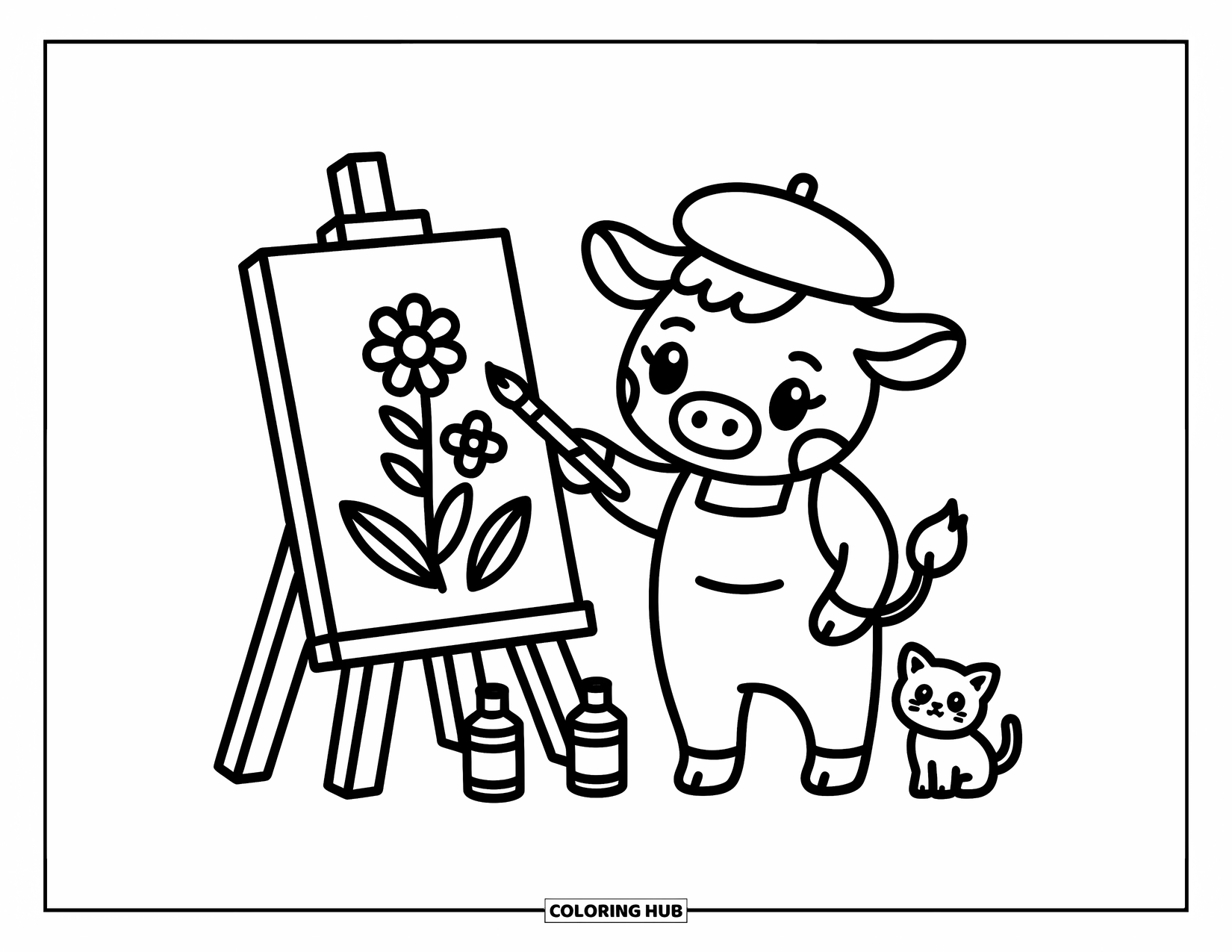 Disegno da colorare di una mucca per adulti: una mucca con un berretto dipinge fiori su una tela con un gattino nelle vicinanze