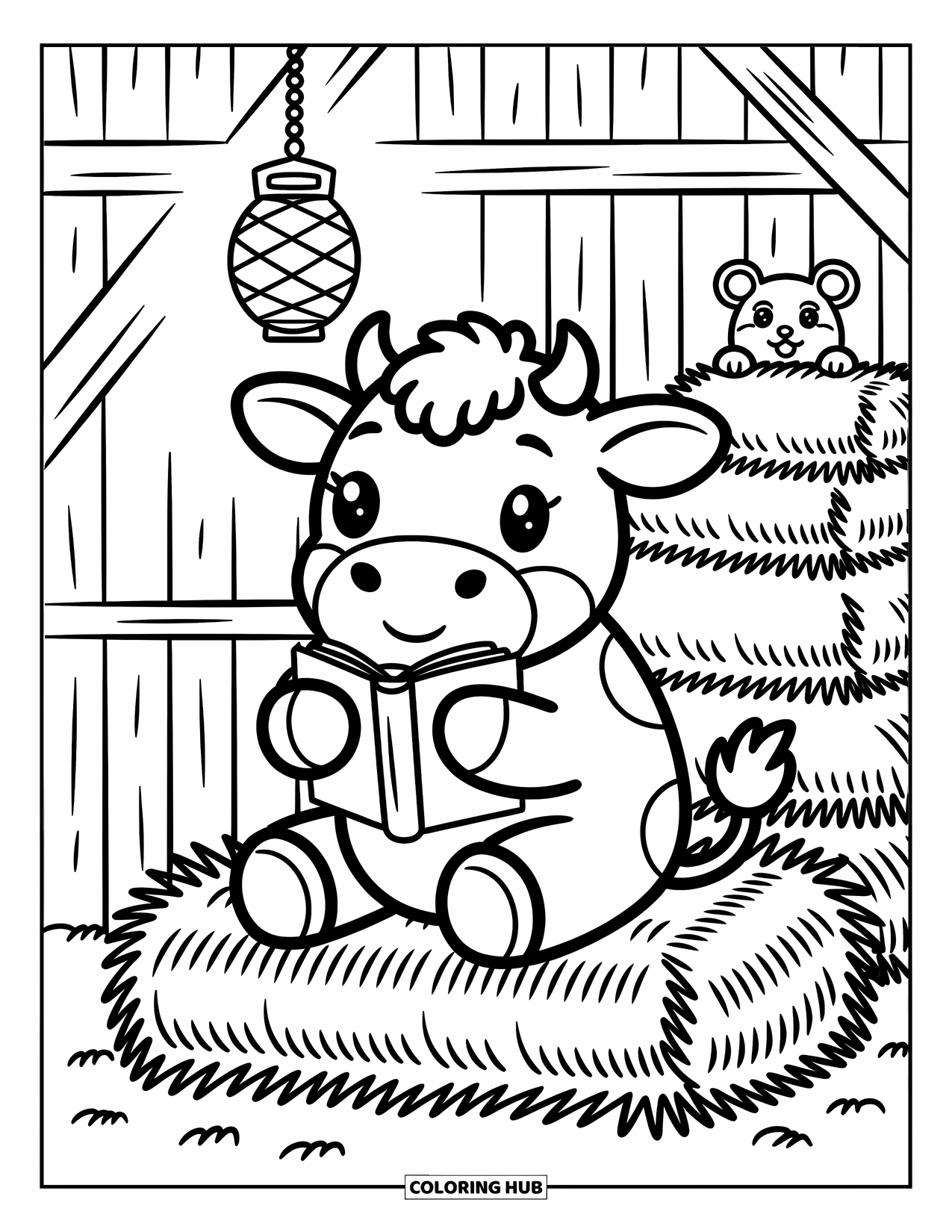 Disegno da colorare di una mucca per adulti: una mucca con un libro siede sul fieno mentre un topo sbircia giocosamente