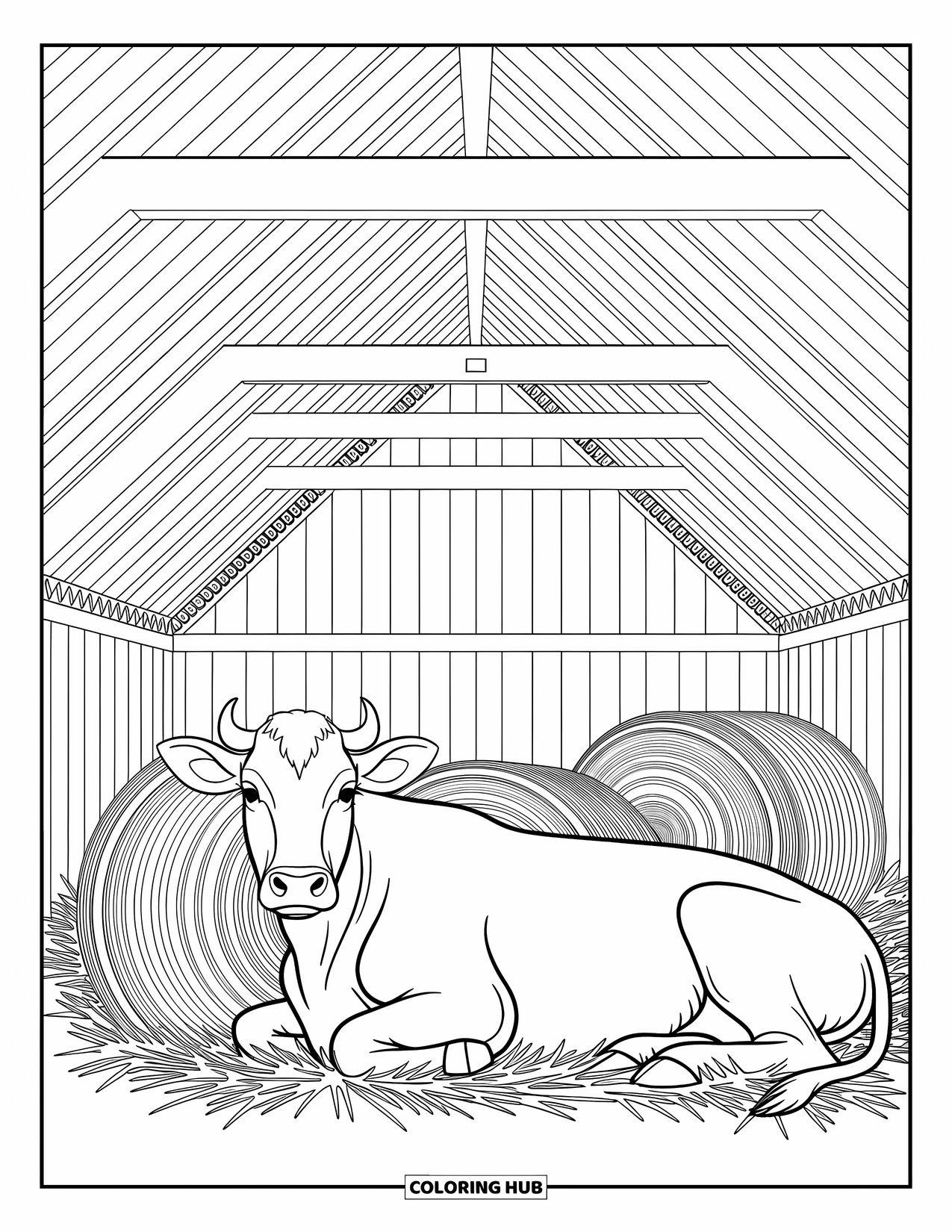 Disegno da colorare di una mucca per adulti: una mucca con una corona floreale giace con grazia tra fiori dettagliati