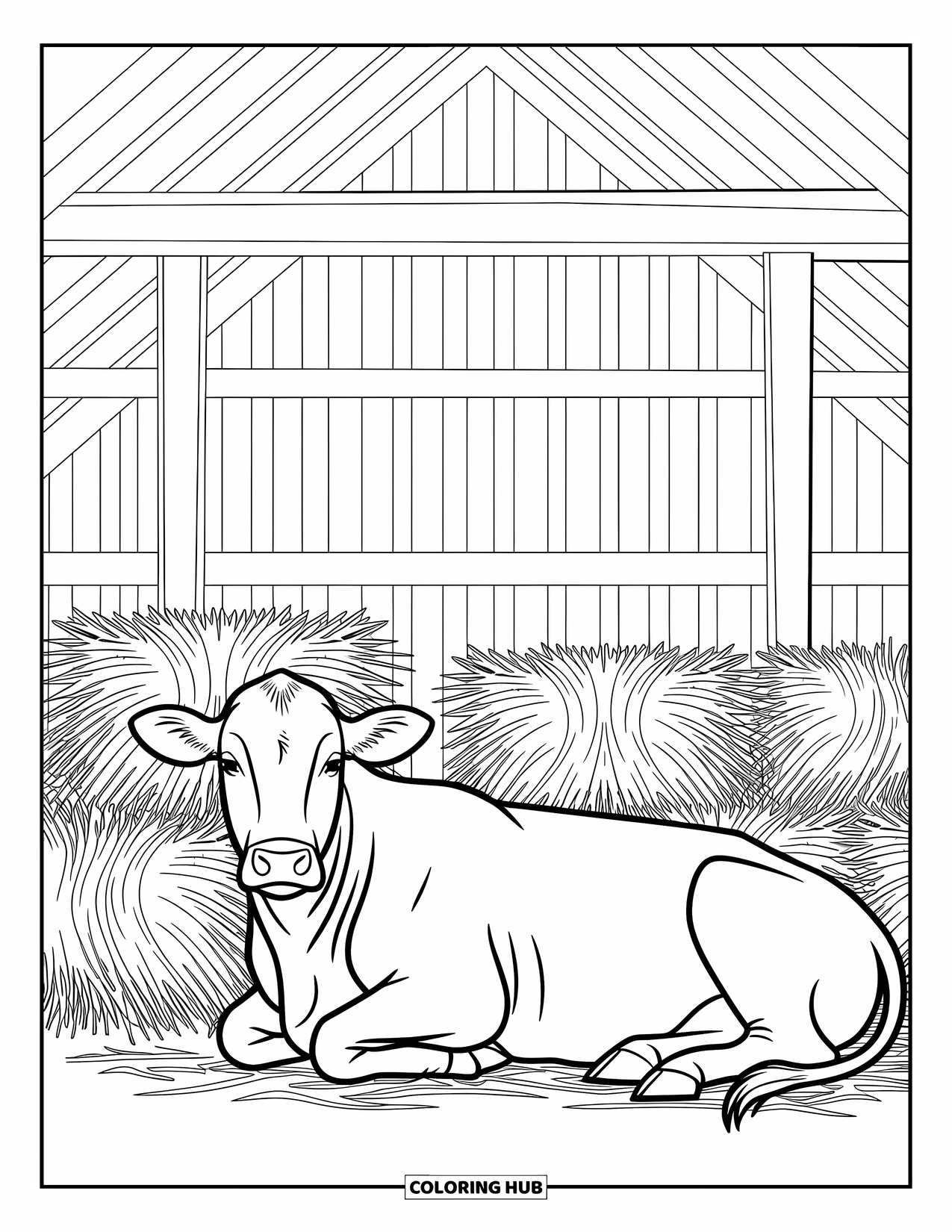 Disegno da colorare di una mucca per adulti: una mucca con una corona floreale si rilassa in un campo pieno di fiori