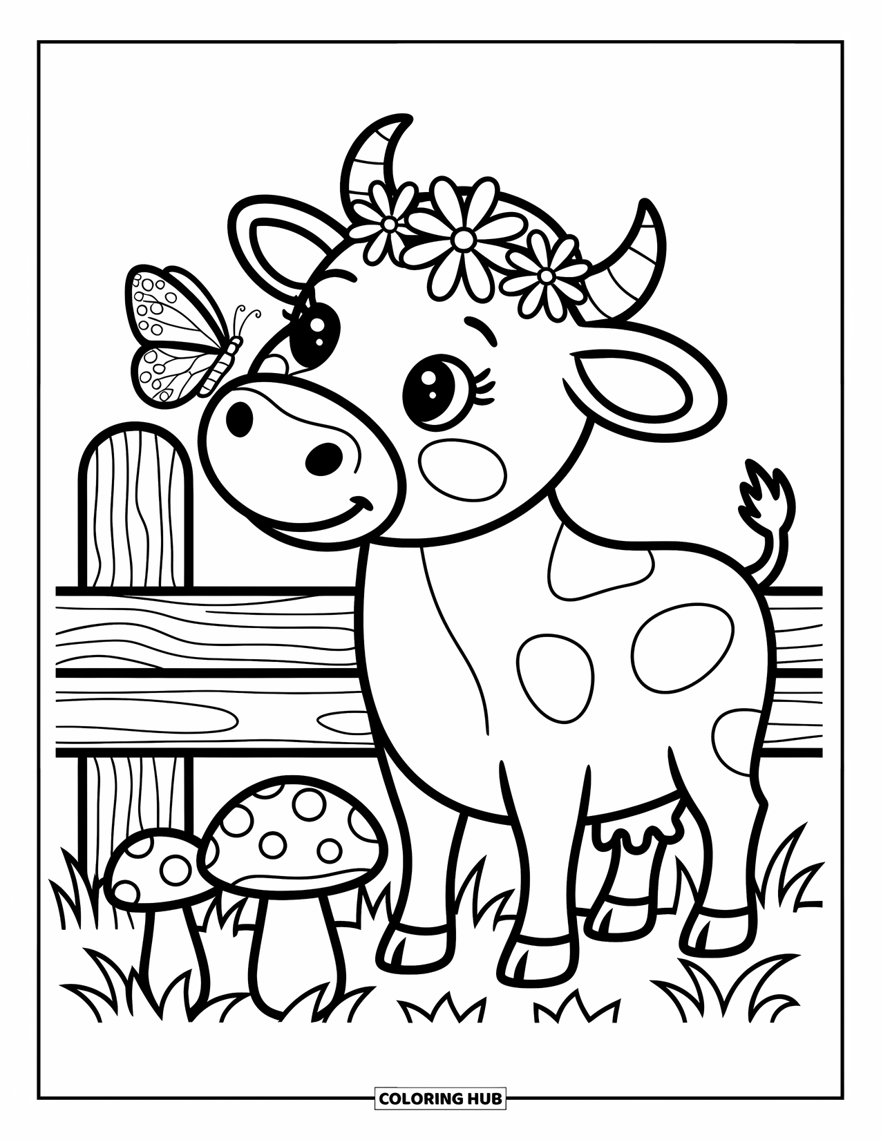 Disegno da colorare di una mucca per adulti: una mucca con una corona di fiori e funghi nelle vicinanze osserva una farfalla curiosamente