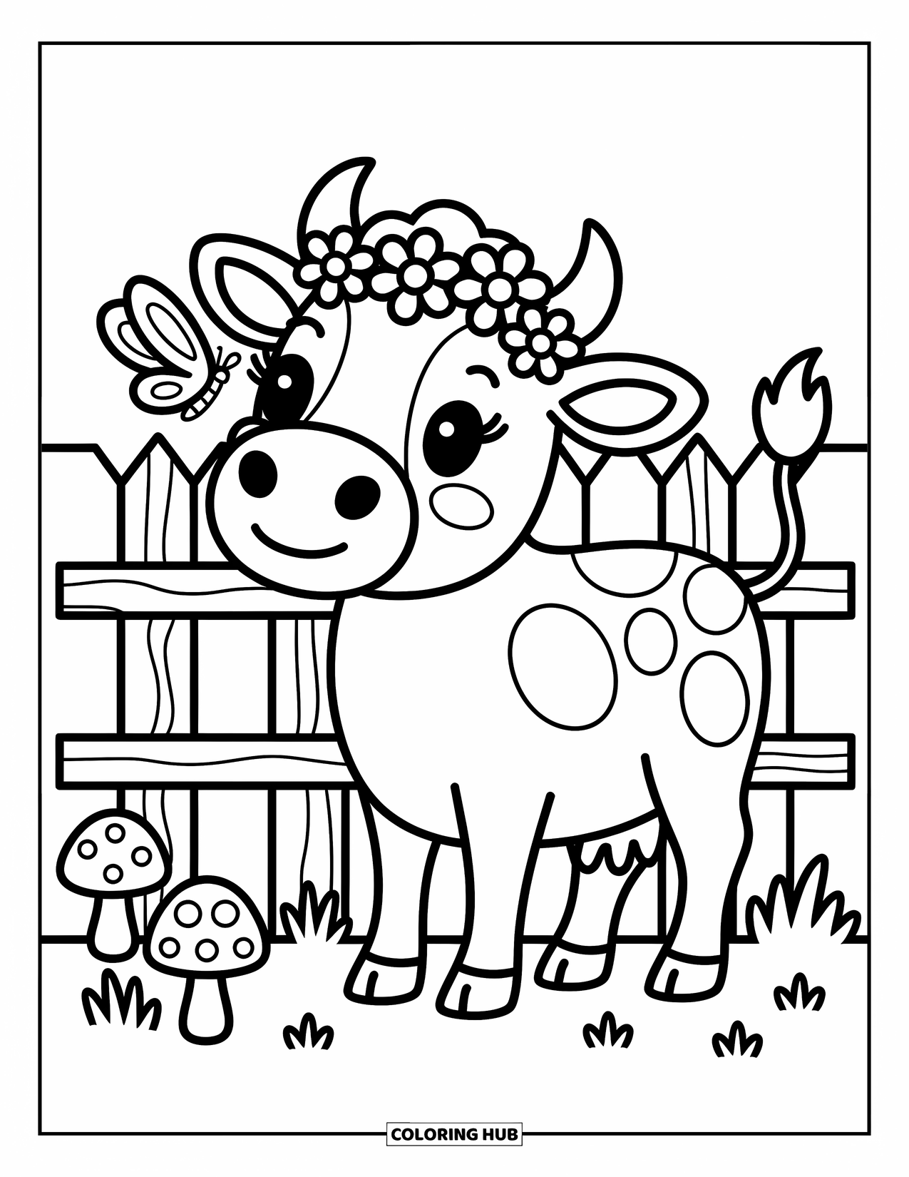 Disegno da colorare di una mucca per adulti: una mucca con una corona di fiori osserva una farfalla sul suo naso vicino a una recinzione di legno