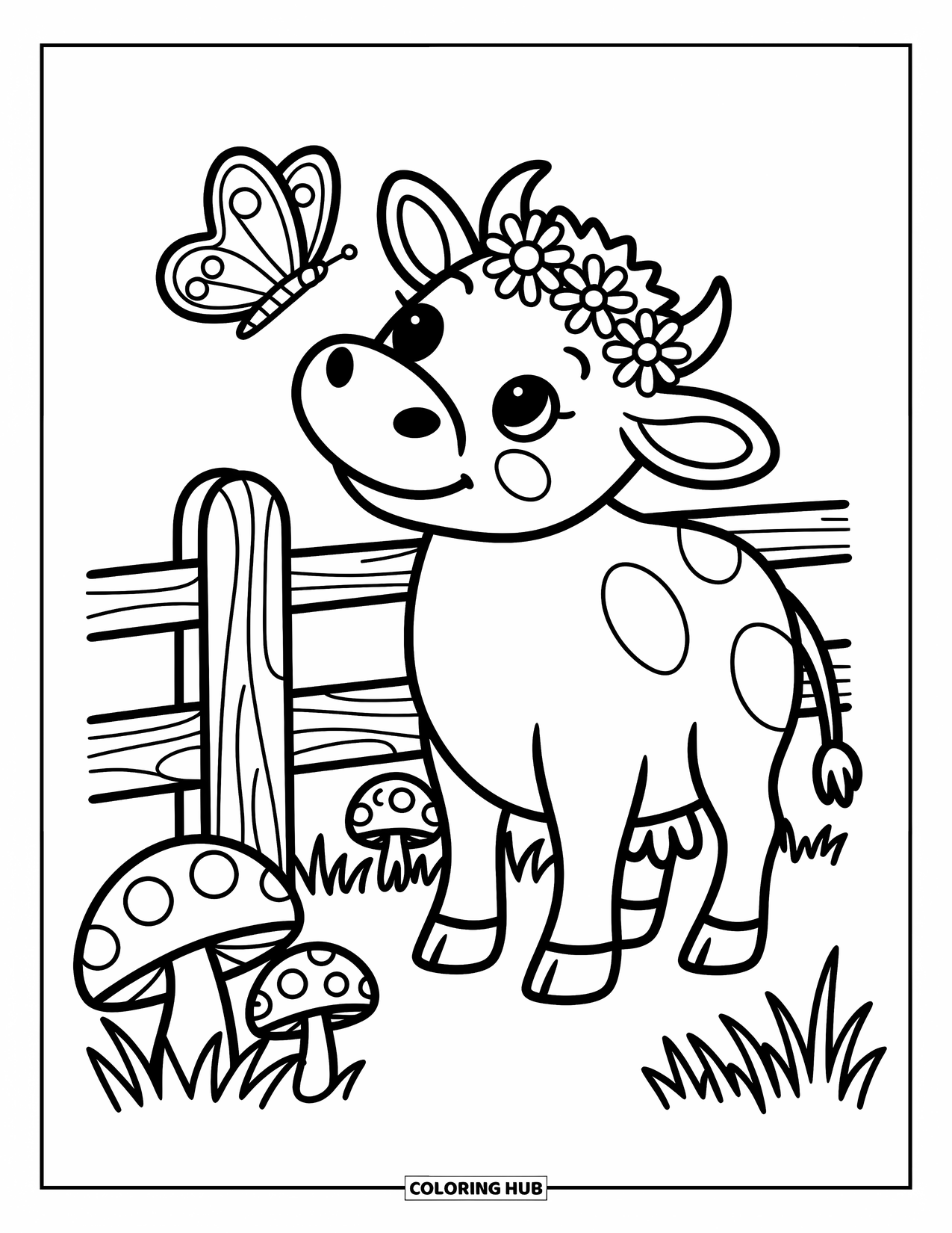Disegno da colorare di una mucca per adulti: una mucca con una corona di fiori osserva una farfalla, circondata da funghi ed erba