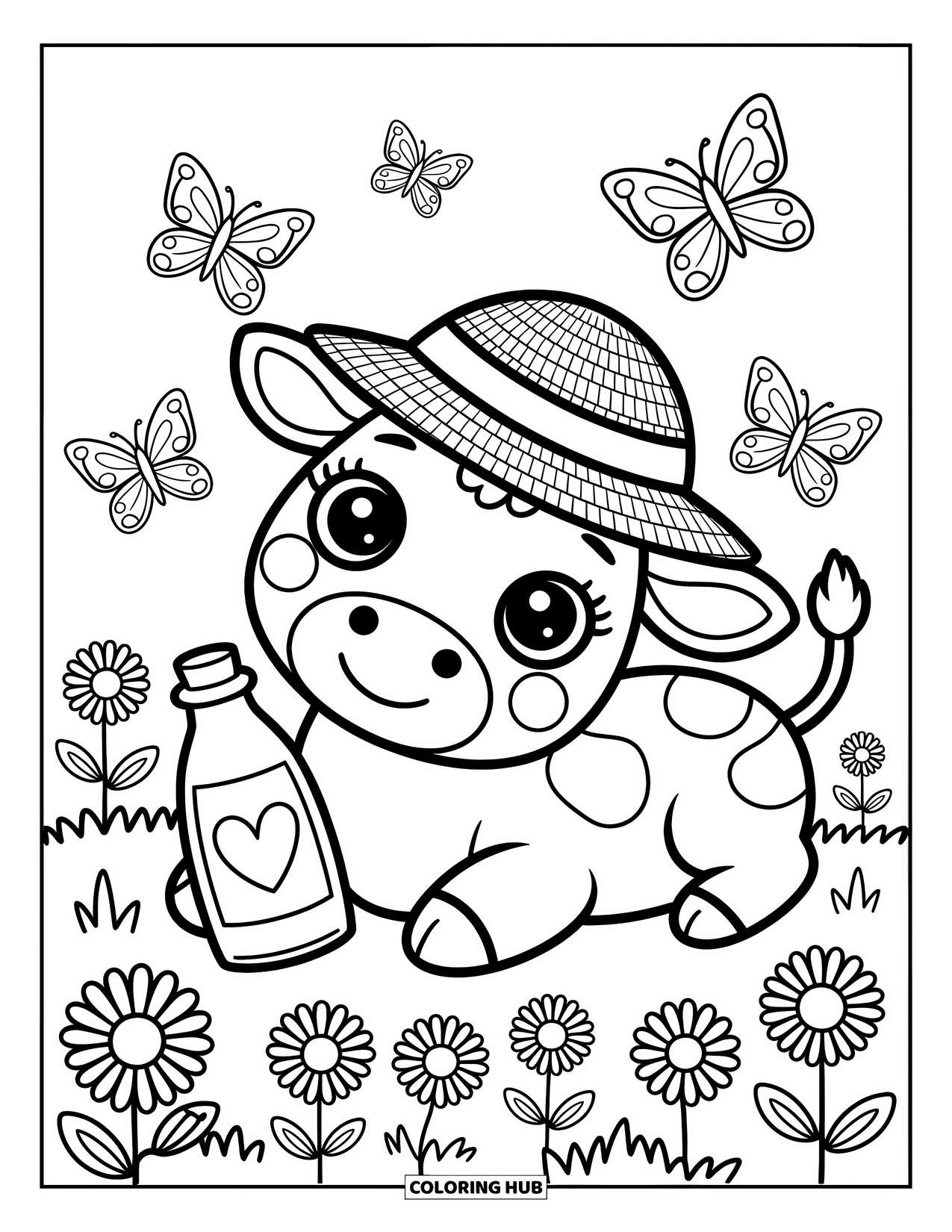 Disegno da colorare di una mucca per adulti: una mucca con un cappello di paglia tiene una bottiglia di latte mentre le farfalle svolazzano intorno