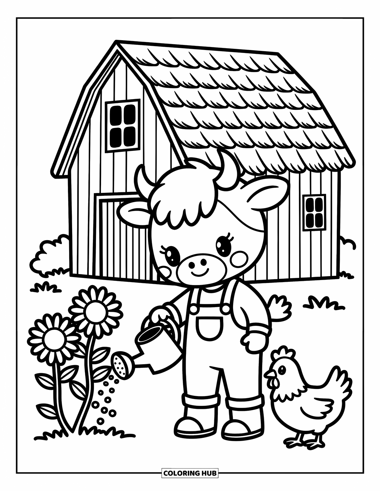 Disegno da colorare di una mucca per adulti: una mucca con un annaffiatoio cura i girasoli vicino a un fienile rustico