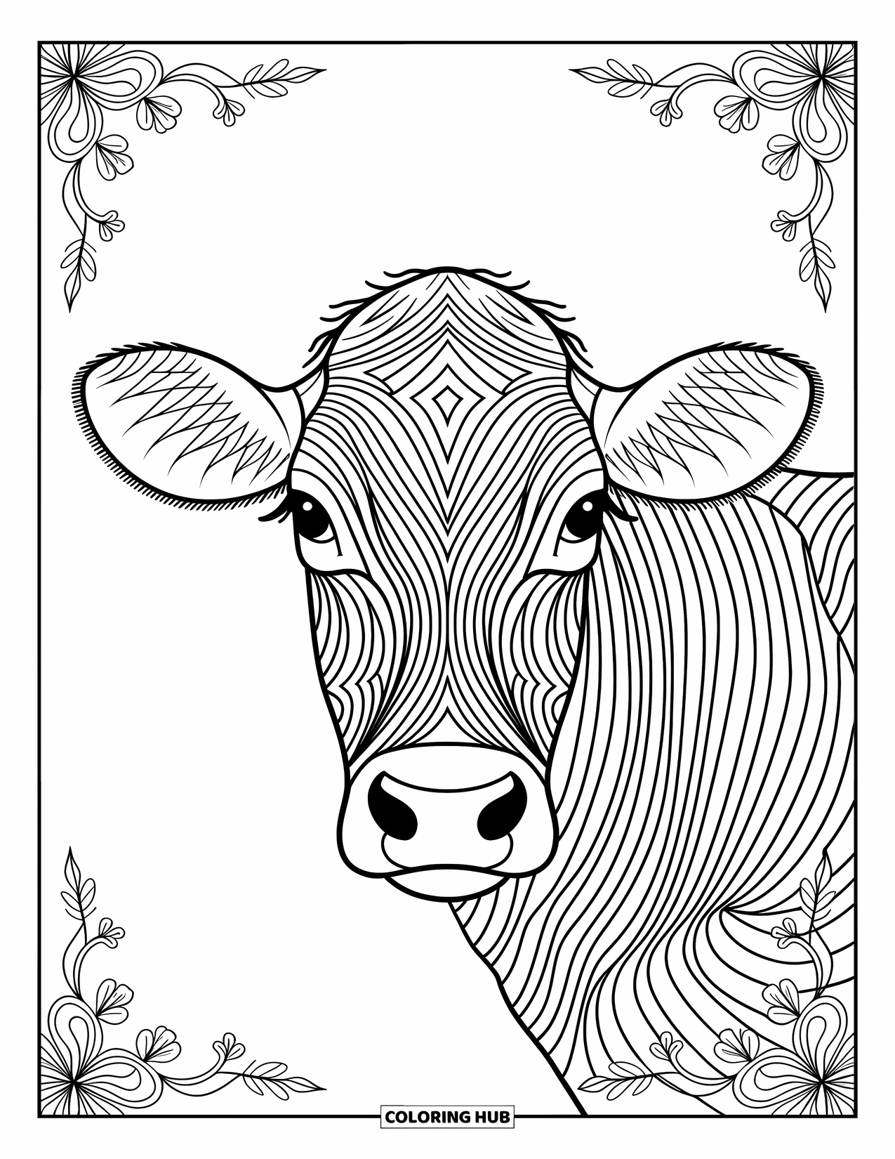 Disegno da colorare di una mucca per adulti: una mucca con motivi floreali si erge con grazia in un campo di girasoli