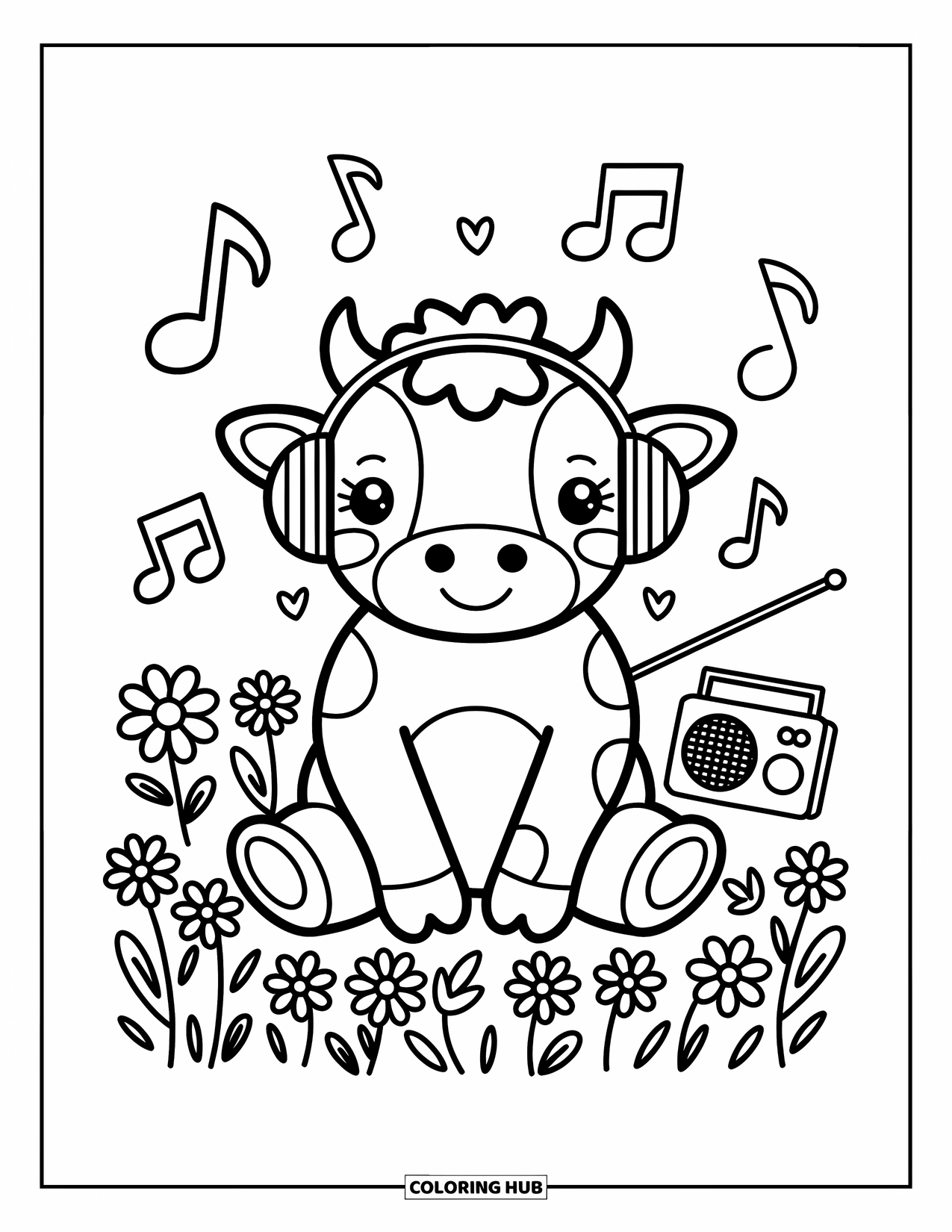Disegno da colorare di una mucca per adulti: una mucca con le cuffie ascolta musica in un campo pieno di fiori