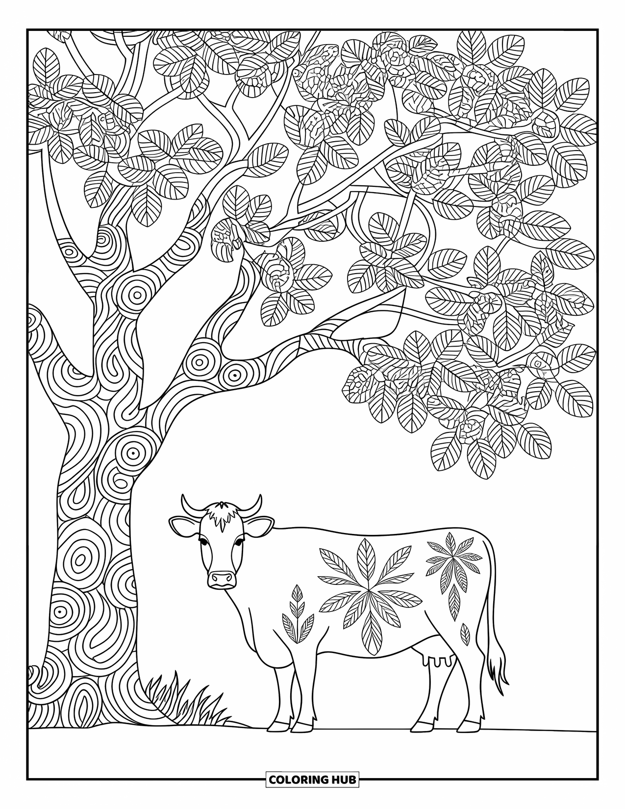 Disegno da colorare di una mucca per adulti: una mucca con intricati motivi paisley si erge circondata da eleganti motivi