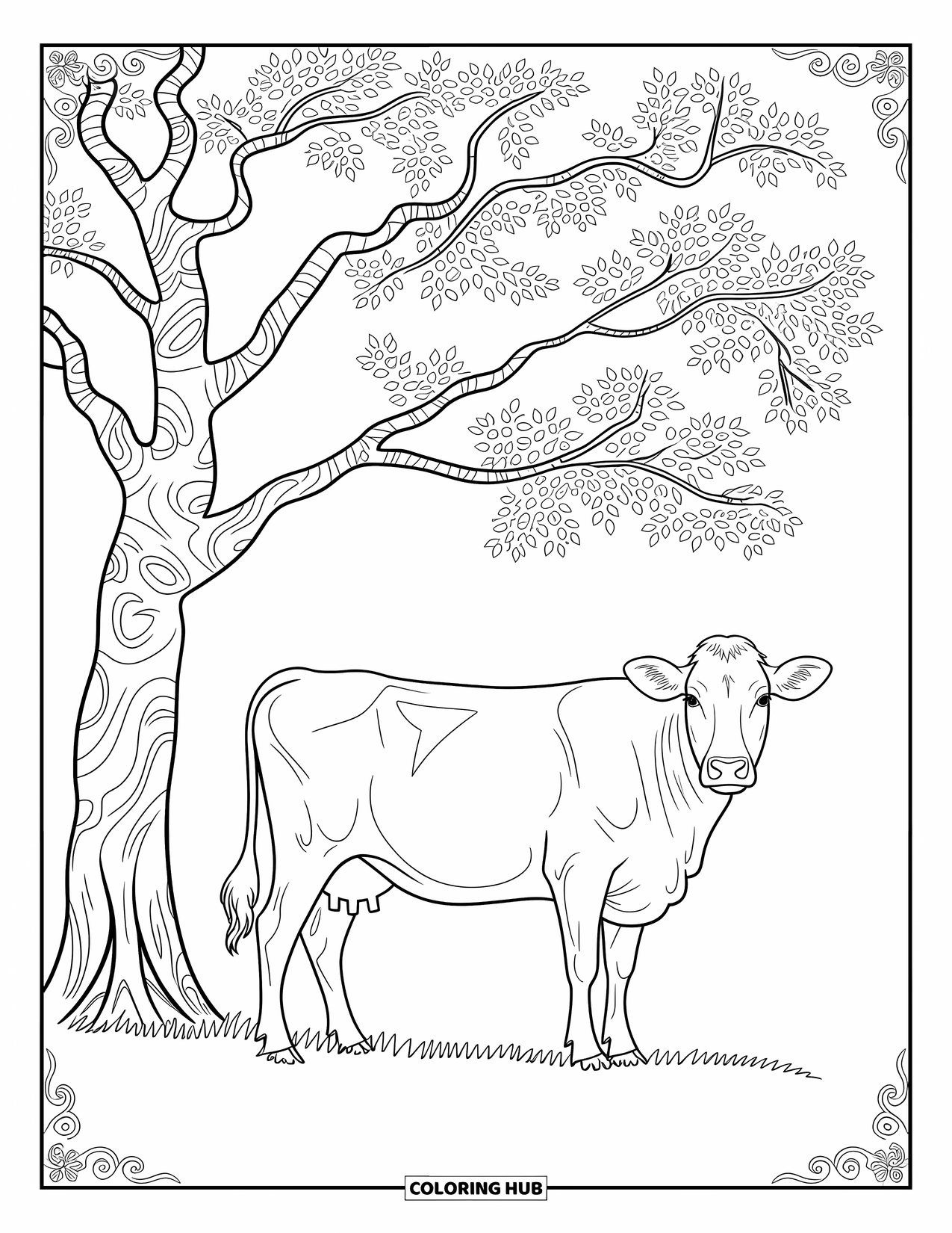 Disegno da colorare di una mucca per adulti: una mucca con intricati motivi si trova sotto un albero dettagliato