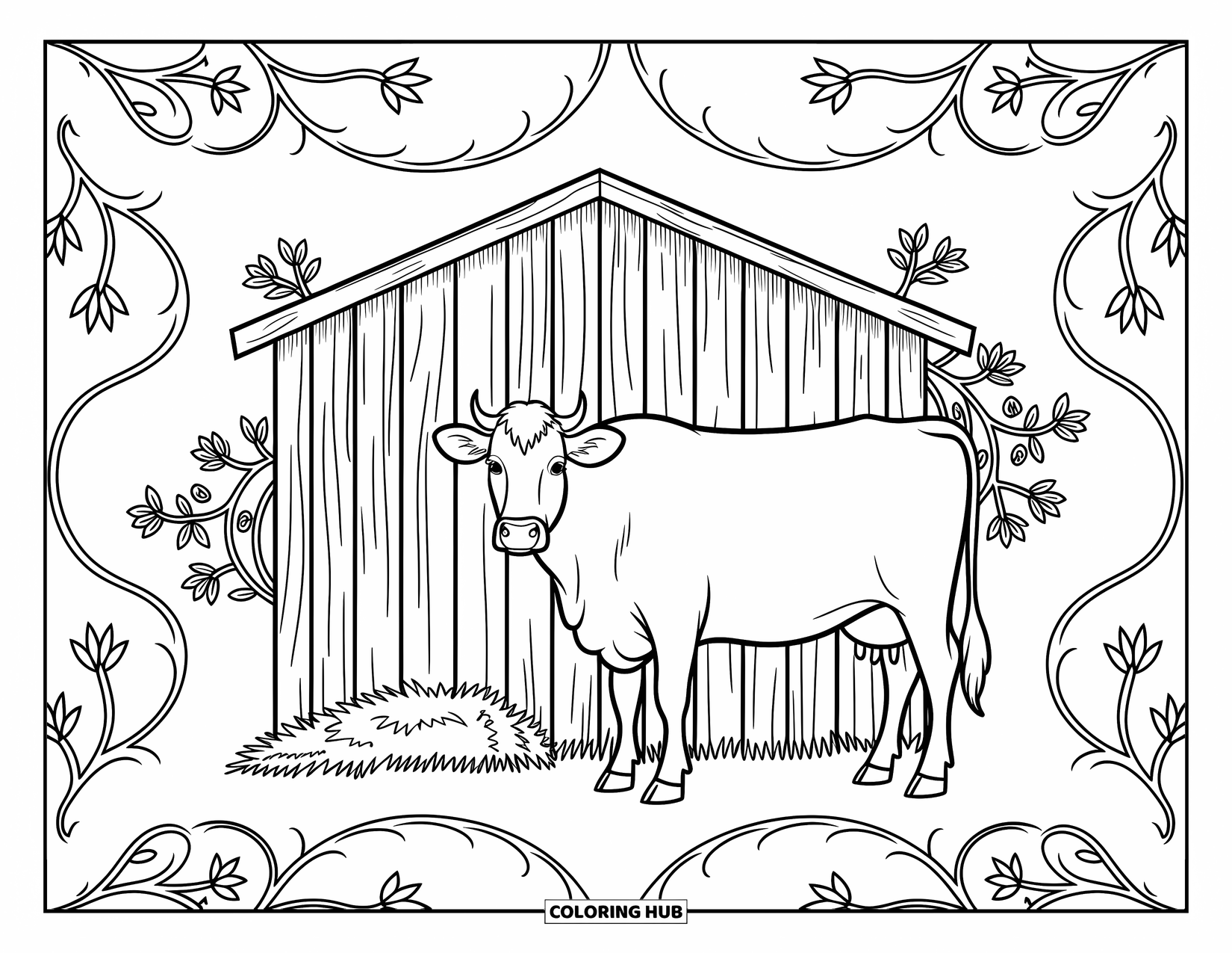 Disegno da colorare di una mucca per adulti: una mucca con intricati motivi si trova accanto a un fienile di legno e fieno