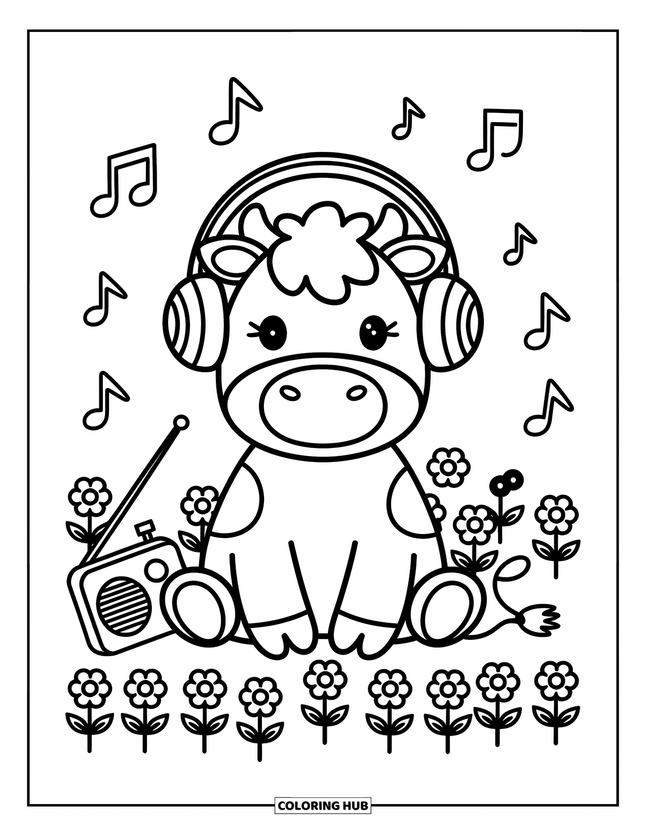 Disegno da colorare di una mucca per adulti: una mucca con cuffie sovradimensionate siede felicemente tra i fiori