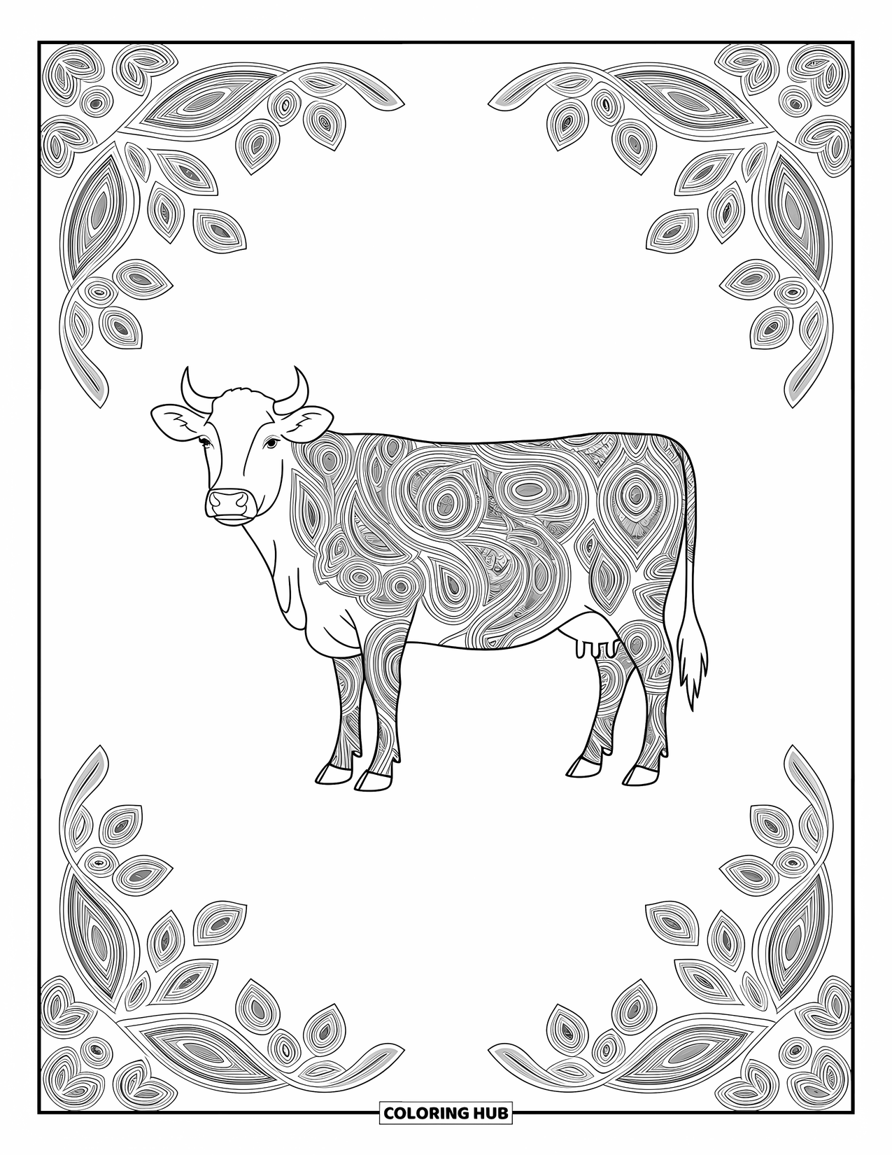 Disegno da colorare di una mucca per adulti: una mucca con motivi paisley si erge con grazia su uno sfondo di design intricati