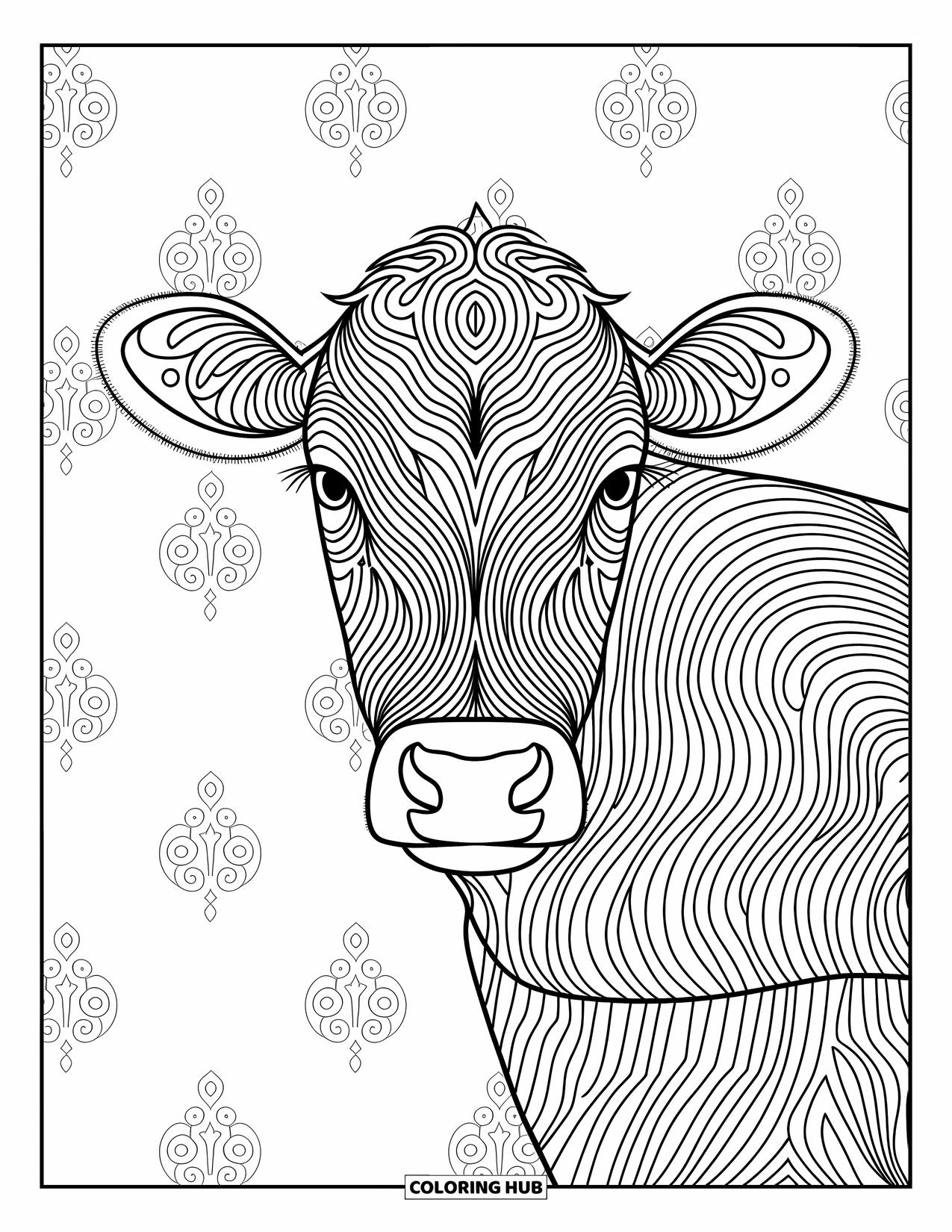 Disegno da colorare di una mucca per adulti: il volto di una mucca adornato con motivi simmetrici presenta design eleganti e intricati