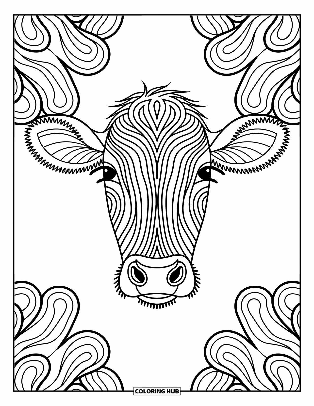 Disegno da colorare di una mucca per adulti: il volto di una mucca con delicati motivi simmetrici è circondato da design intricati